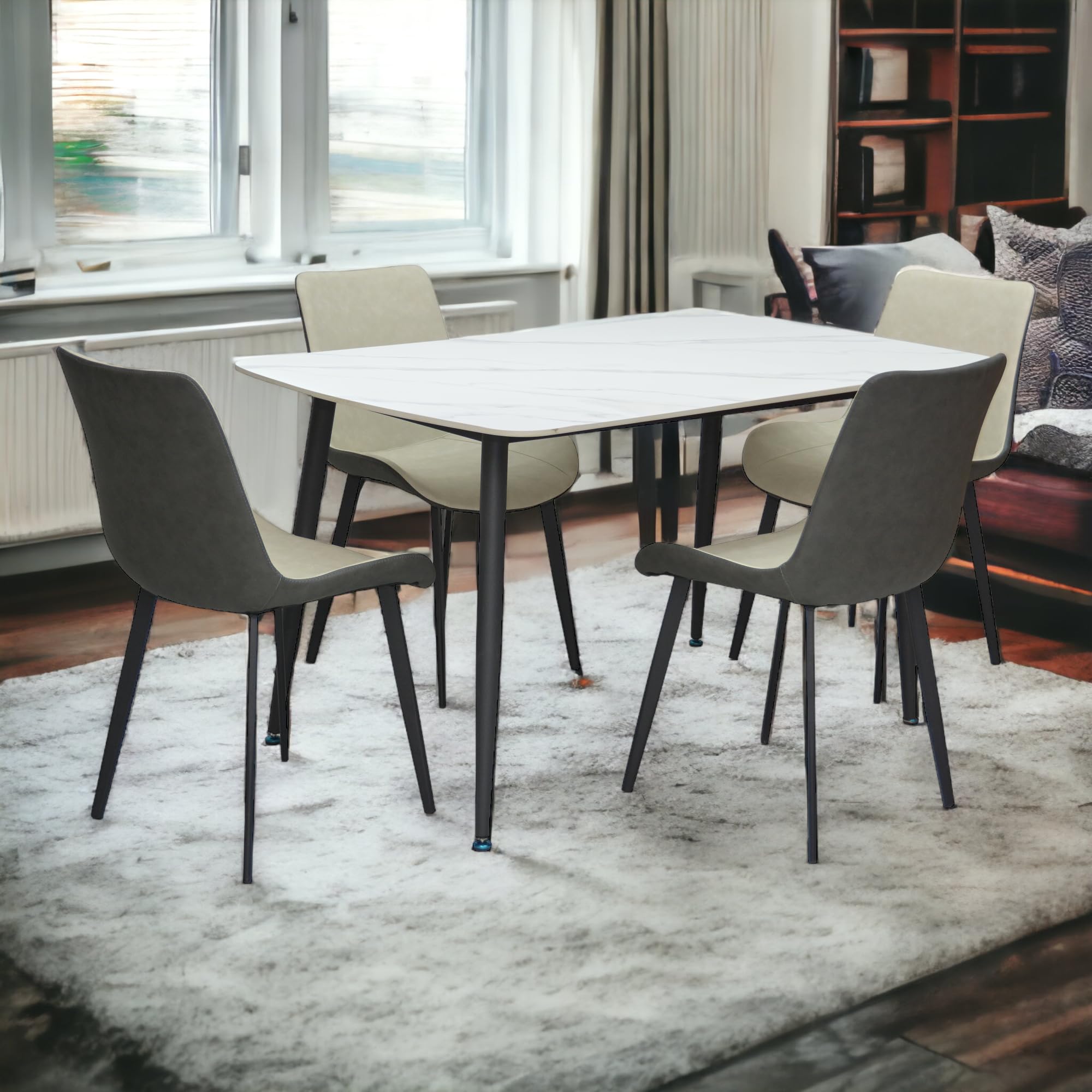 Modern desgin Marble 1+4 MH-DS21- Beige Grey Dinning table with steel legs and Pvc Leather 4 chairs set and 1 table with marble top and leg stainless steel,