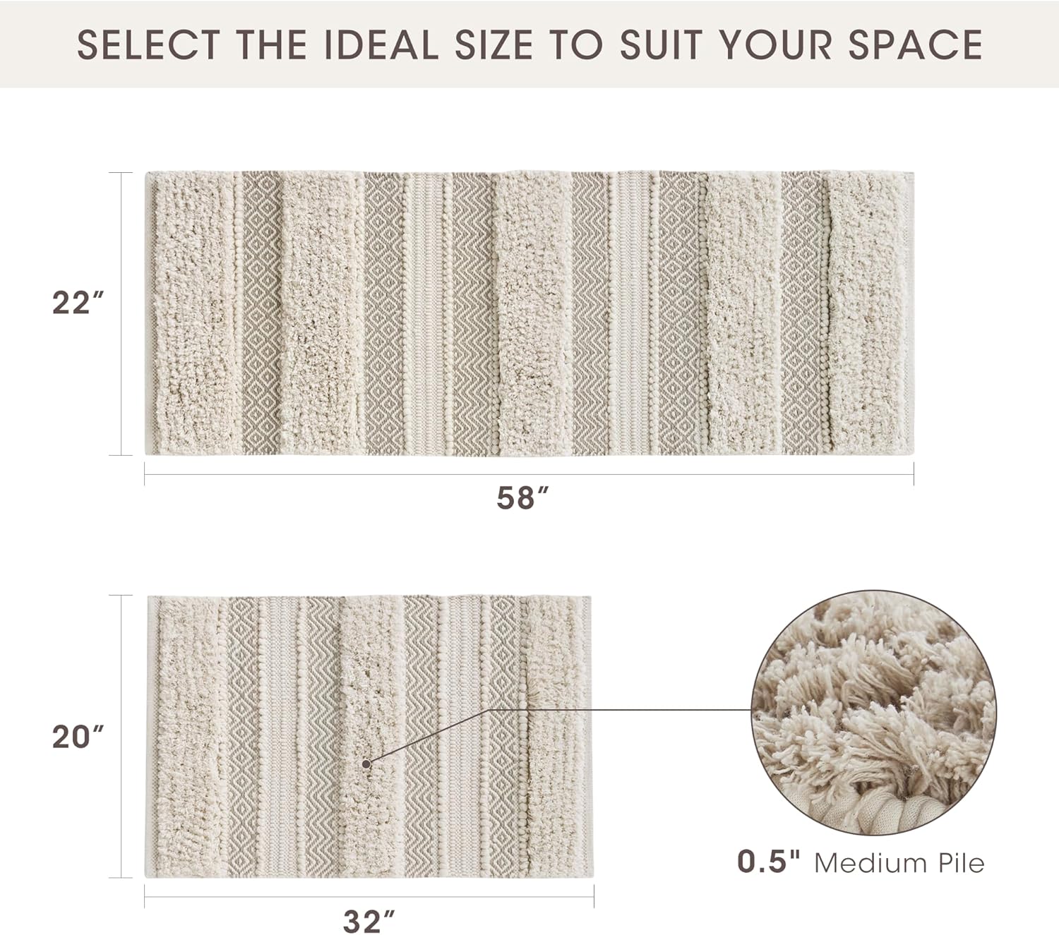 Ink+Ivy Bath Rug Hand-Woven Texture Shaggy Striped Soft & Water Absorbent, Boho Bathroom Décor Bath-Mats, Non-Slip Absorbent Quick Dry Mats for Tub, Shower Room, Asher, 22x58 Natural