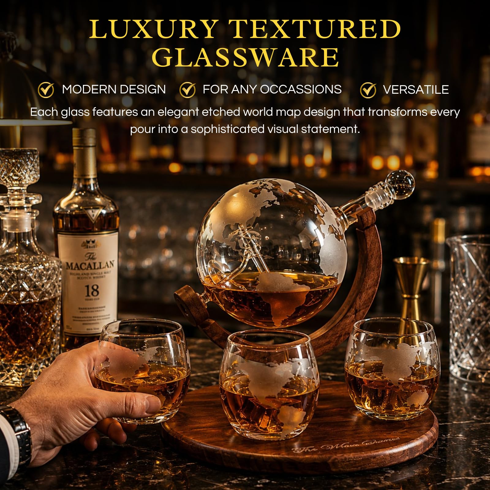 Carafe à décanter du monde gravée – Coffret cadeau à whisky The Wine Savant avec avion antique, pierres à whisky et 4 verres carte du monde, cadeau pilote – Cadeau lié à l'alcool, décoration de bar à