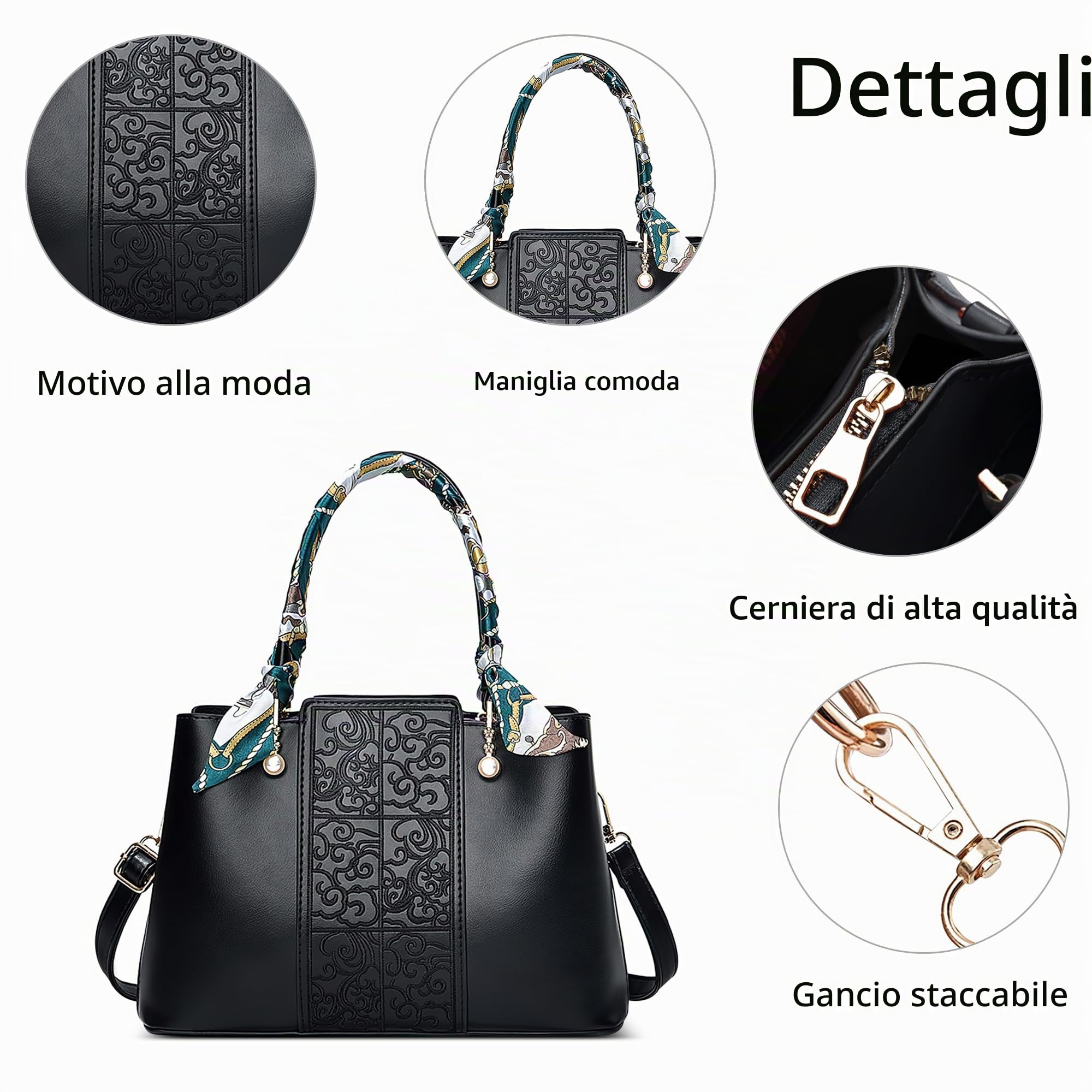 Moda Ricamata Borsa a Mano Donna Elegante Borsa a Tracolla Impermeabile Regolabile Borse a Spalla con Nastro Lavoro Viaggio Partito Pelle PU Nero
