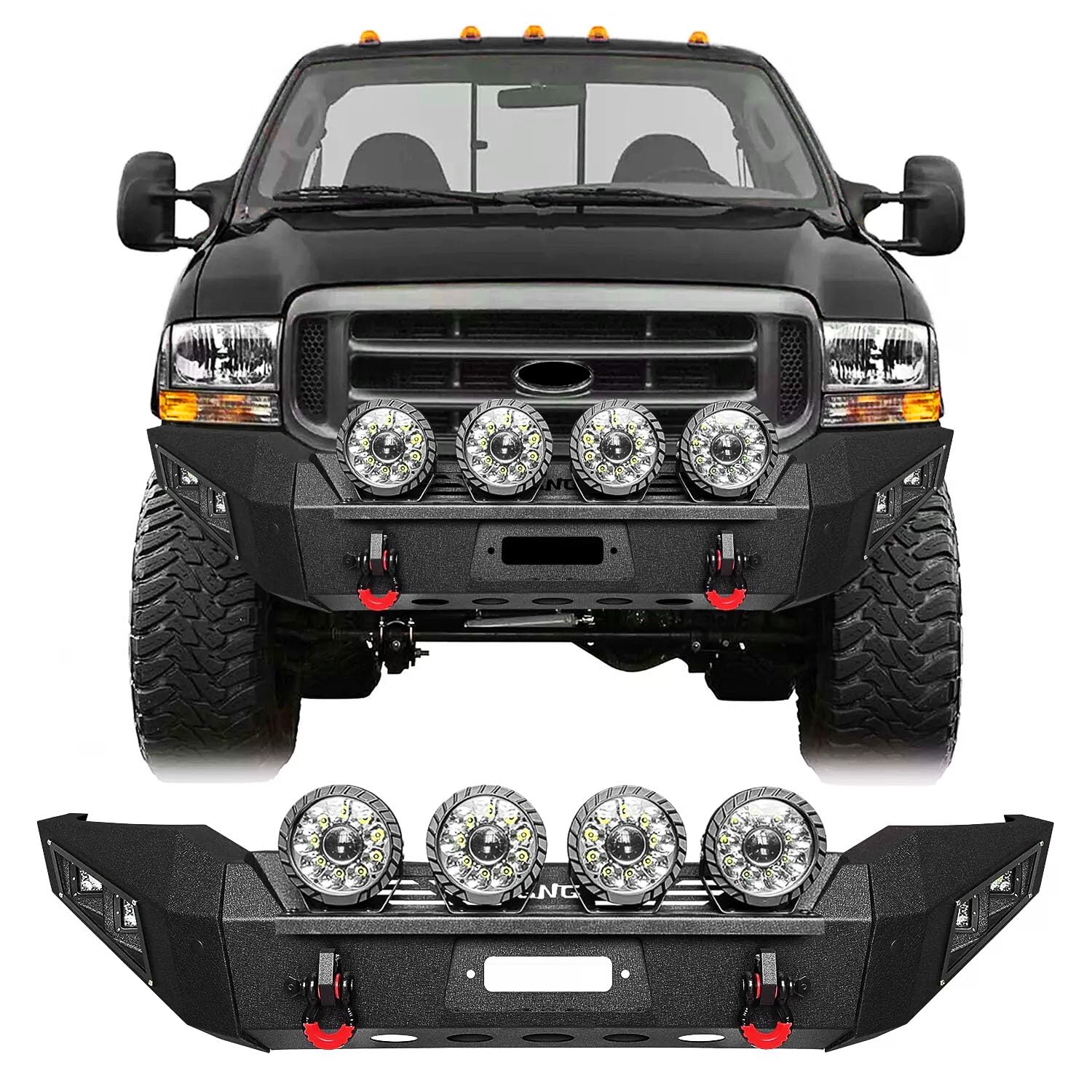 GNG Front Bumper Compatible for 1999-2004 Ford F250 F350 F-250 F-350 Super Duty w/264W Aluminum Lights & Winch Plate & D-Rings/Black Textured Steel