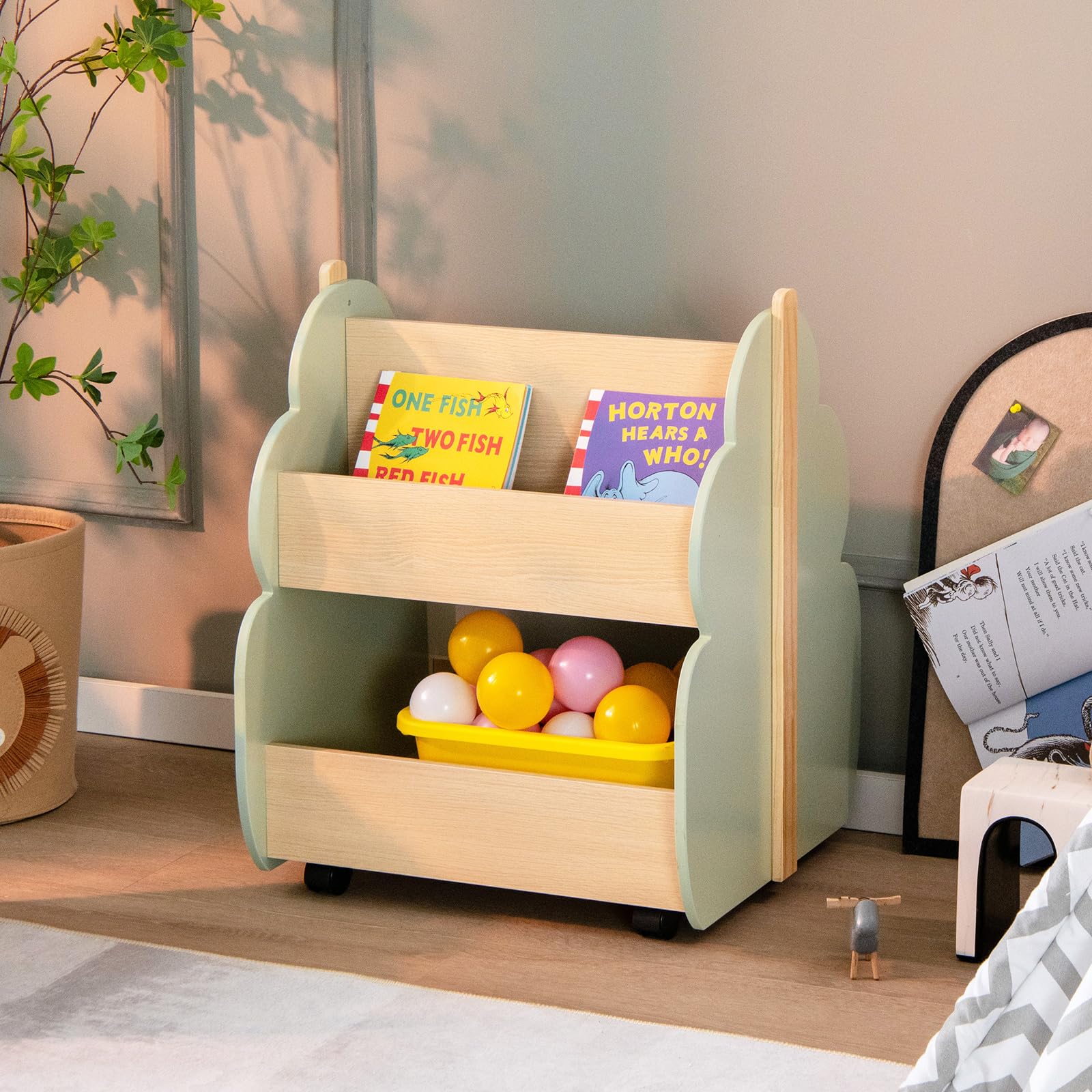 RELAX4LIFE Libreria per Bambini con Ruote, Carrello Porta Libri e Giocattoli in Legno, Libreria Scaffale a 2 Ripiani per Camerette e Asili, 46 x 52 x 63 cm (Verde, Albero)