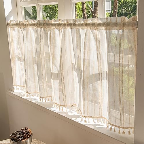 Deeprove Boho Textured Valance Tier, Neutral Bohemian Farmhouse Chic Kitchen Closet Textured Burlap with Tassels, Window Treatment Small Linen Stripe Curtain Wall Decor, 1 Panel 59" W x 24" L