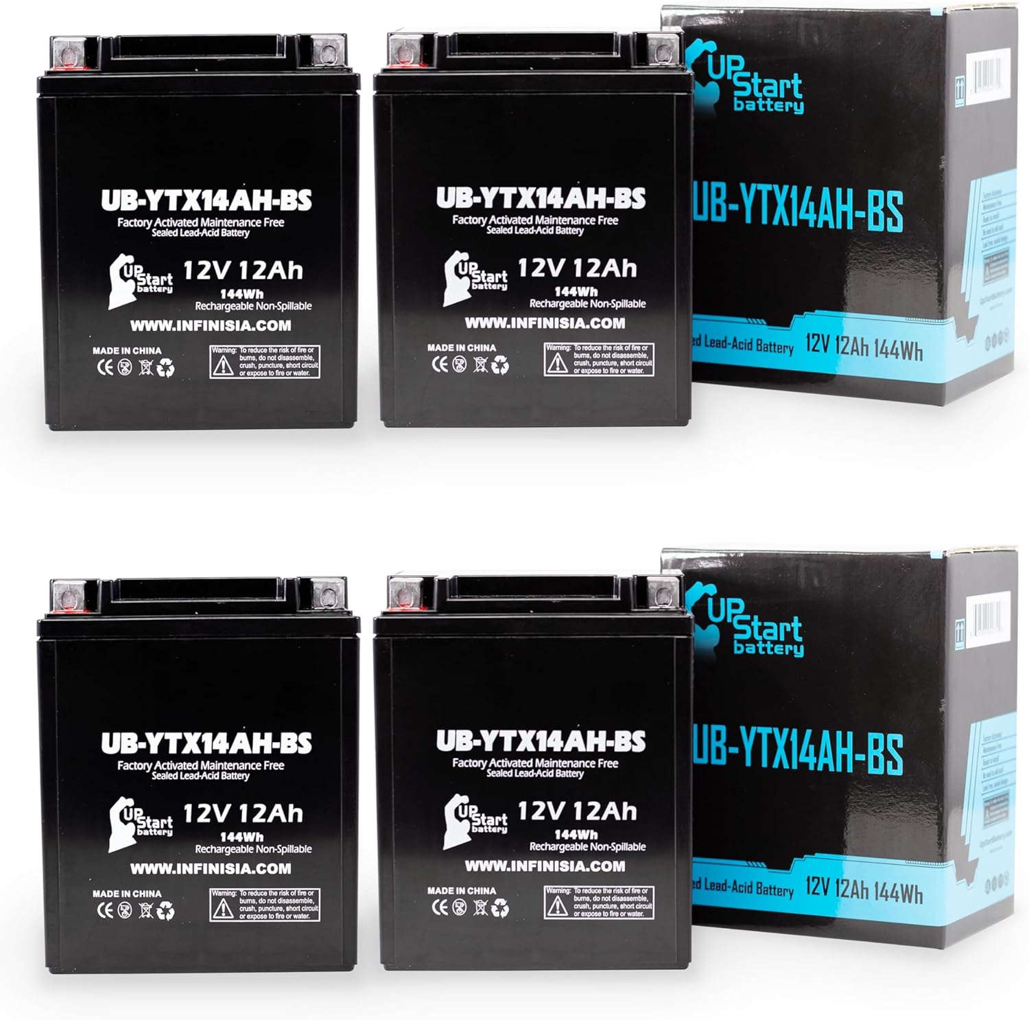4-Pack UB-YTX14AH-BS Battery Replacement for 1996 Polaris All Electric Start Kits Snowmobile - Factory Activated, Maintenance Free, Motorcycle Battery - 12V, 12AH, UpStart Battery Brand