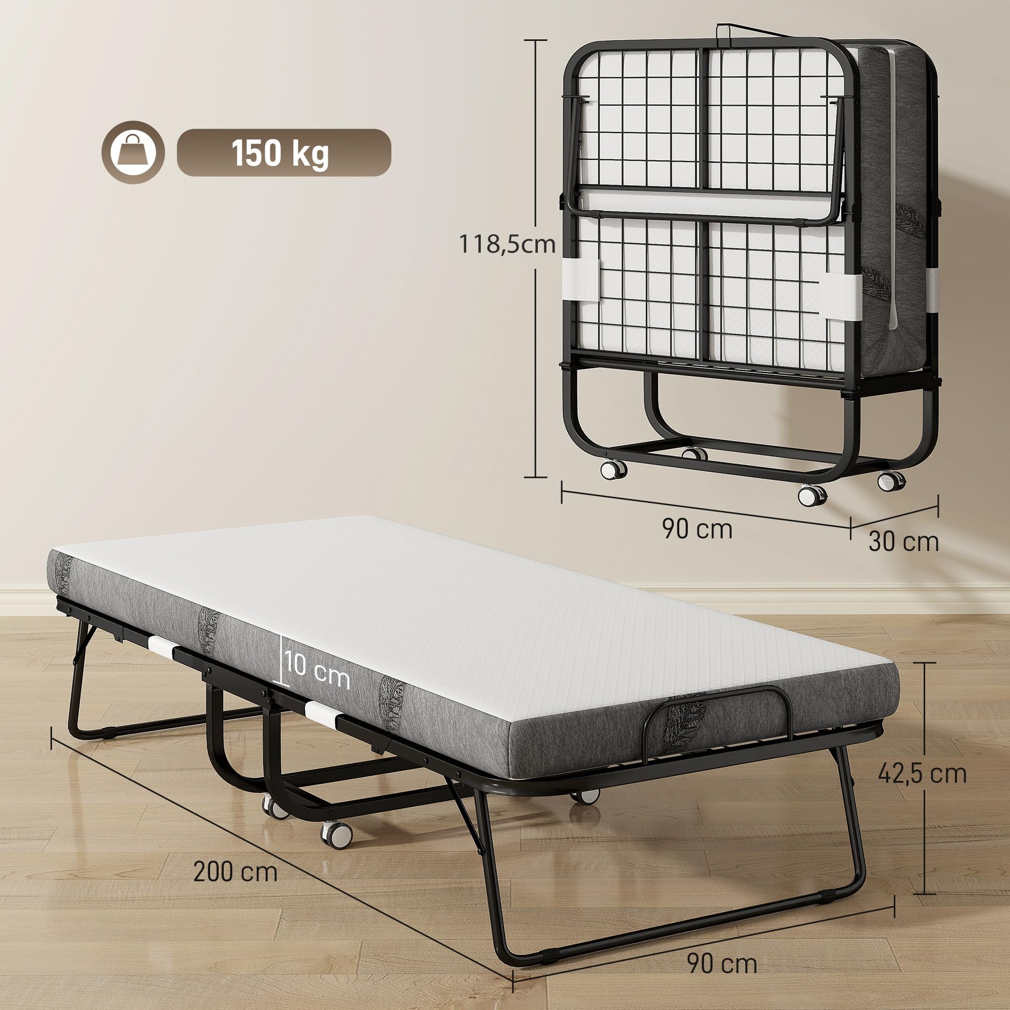 HOMCOM Lit Pliant 1 Personne 200 x 90 cm avec Matelas, Lit d'Appoint Blanc
