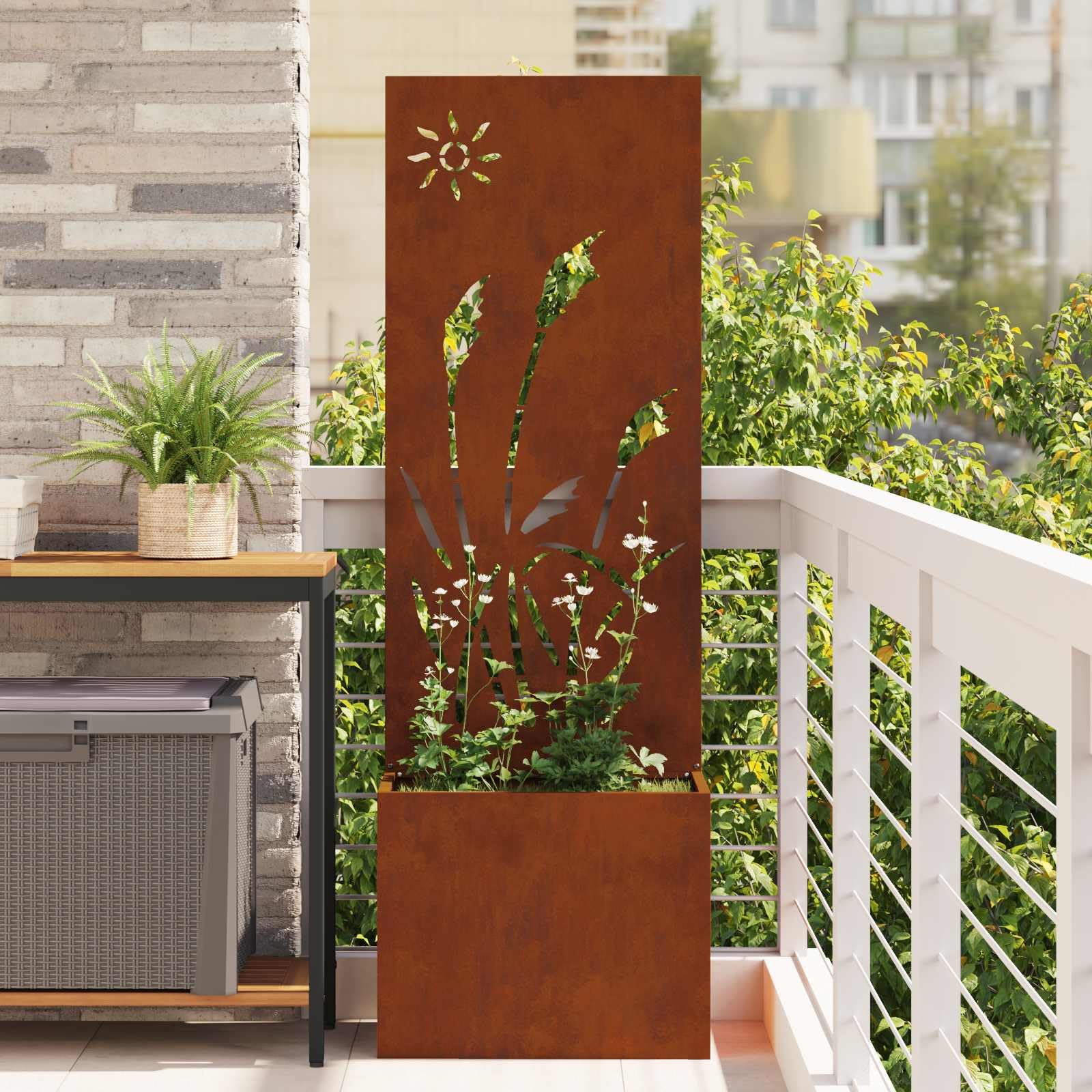 Ogrodowa ochrona przed wzrokiem na płótnie, zardzewiałe 50 x 150 cm, stal odporna na warunki atmosferyczne z dekoracyjnymi wstawkami, matowa powierzchnia, stabilna konstrukcja, na taras i