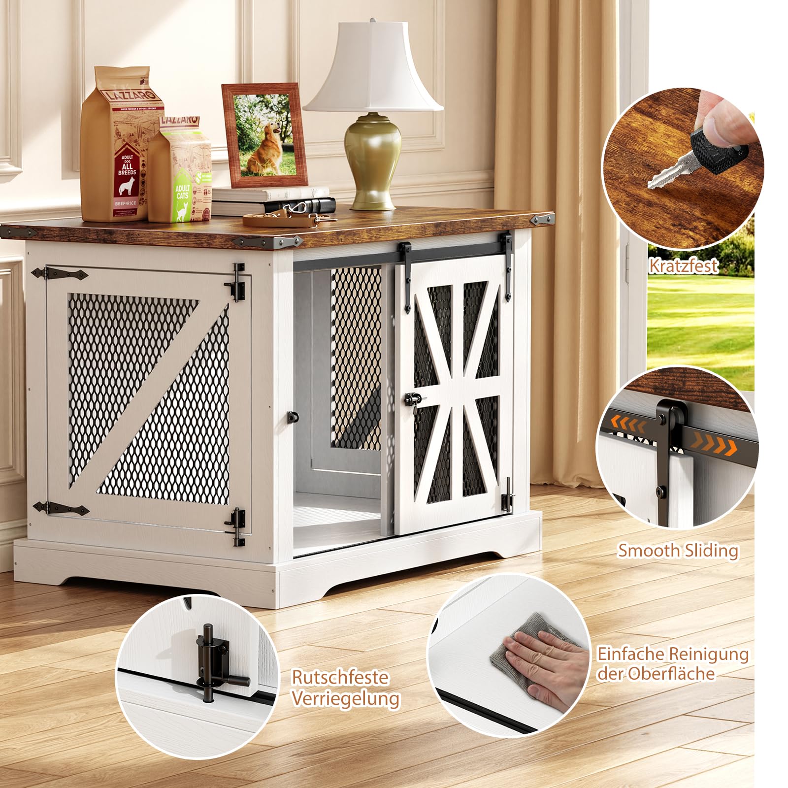 Hundebox, Hundekäfig für Zuhause, XL-Größe, Geeignet für Mittelgroße und Große Hunde, Verstärkt, um Bisse und Flucht zu Verhindern, 3-Türiges Design, Hundehütte Holz Indoor, 100×63×70 cm, Weiß