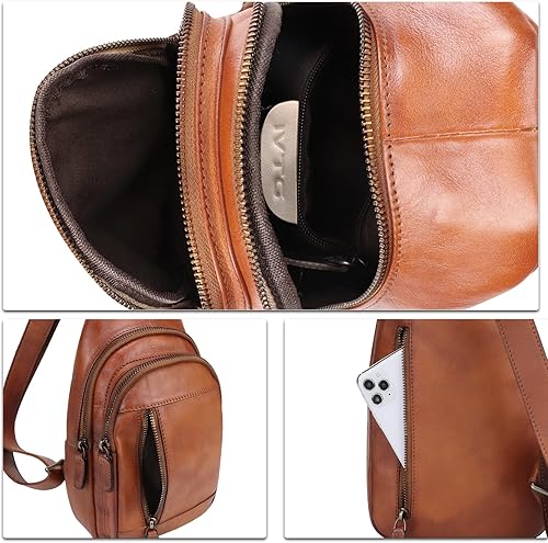 Miniatura 7 de Bolso bandolera de cuero genuino para el pecho, mochila cruzada casual, mochila vintage hecha a mano para senderismo, bolsa de motocicleta (marrón) M