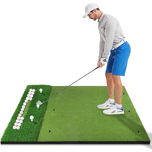 GSK Dual Turf Golf Hitting Mat 5x4FT Recessed Ball Tray Holds 15-20 Balls Practice 45mm Thick Training Pad Driving Chipping Grass EVA Base Swing Rollable Portable Indoor Backyard Outdoor Simulator Use