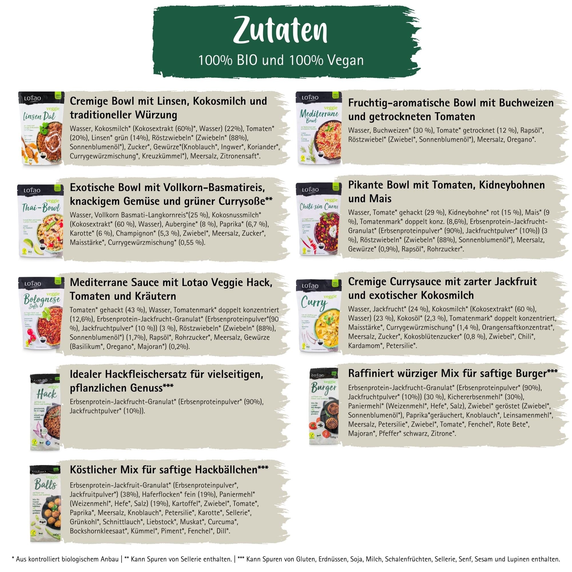 LOTAO Vegane Fertiggerichte - Kennenlern Box: 9 BIO-Gerichte ohne Zusätze + Soja | Fertigessen für Mikrowelle | Vegane Lebensmittel Geschenkbox