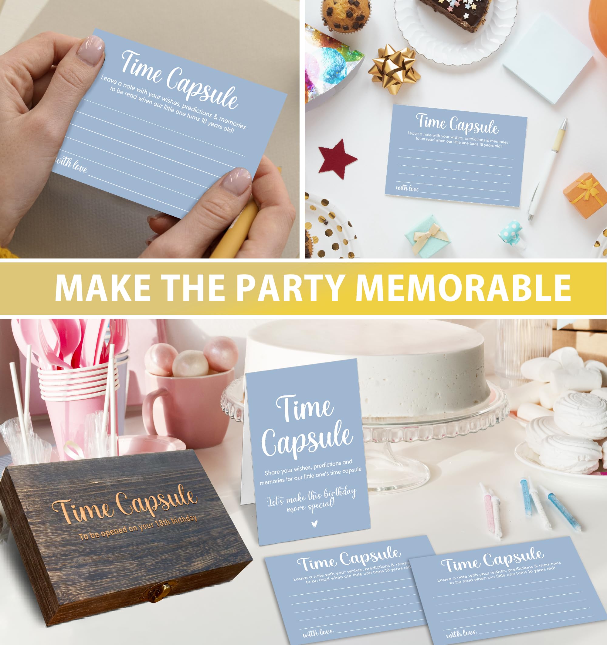 Caja de cápsulas de tiempo para bebé para primer cumpleaños, juego de 50 tarjetas de deseos y caja de regalo de recuerdo, juegos y decoraciones para fiesta de primer cumpleaños (diseño azul) -A01