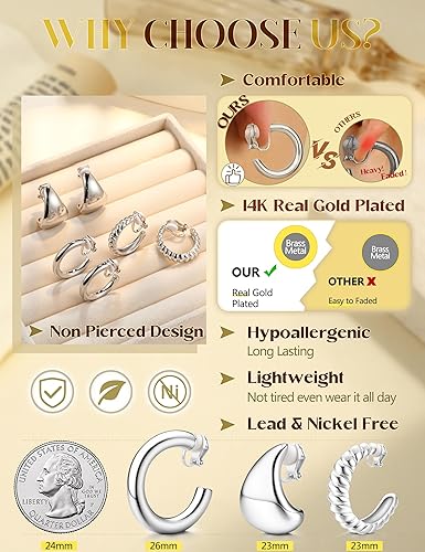 Miniatura 8 de YADOCA 9 pares de aretes de clip de oro para mujer, chapados en oro de 14 quilates, aretes de aro gruesos con forma de gota de agua, sin