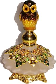 Jeweled Brown Owl Bird & Amber Flower Ornate Enamel Crystal Perfume Bottle