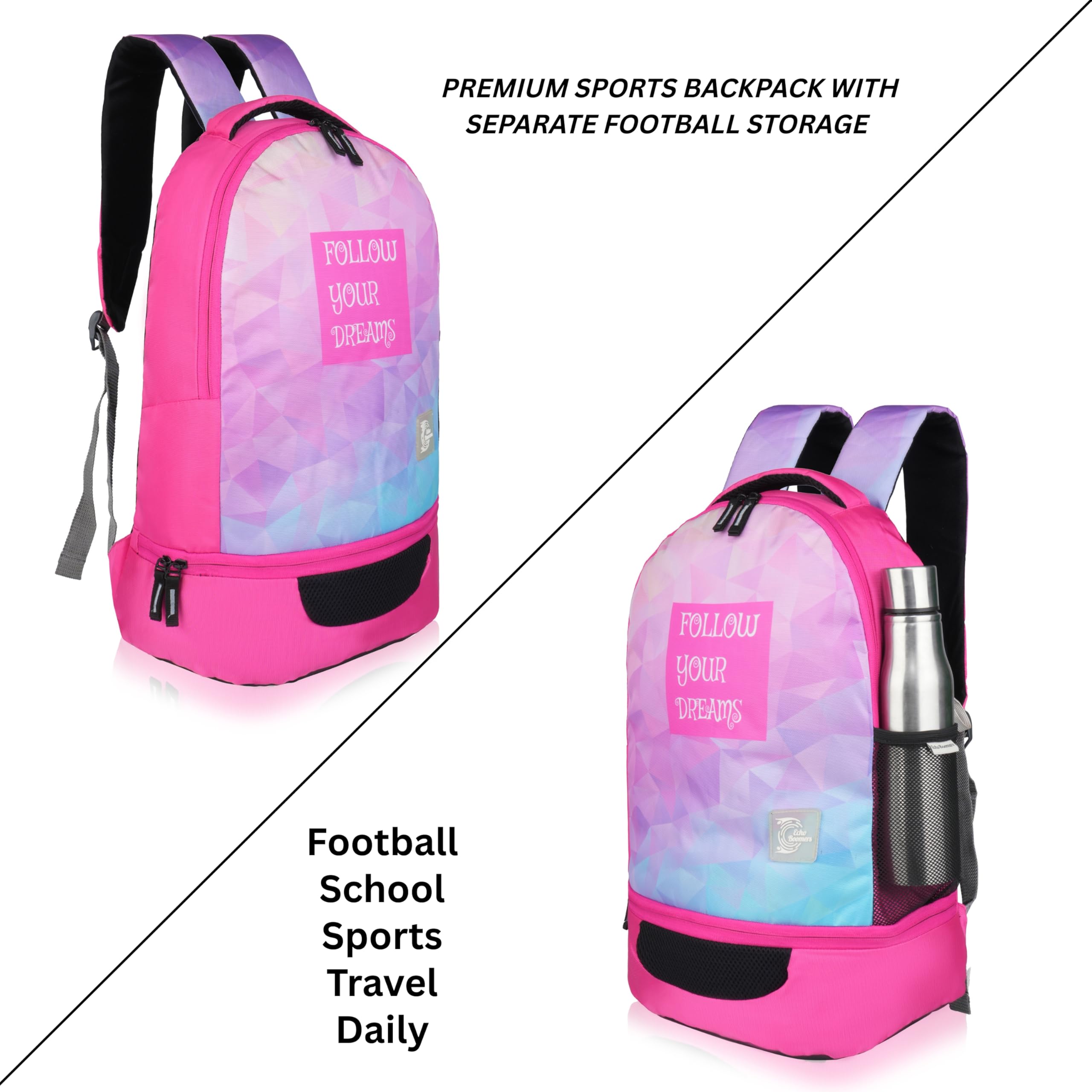Echo Boomers Follow Your Dreams Sports Backpack with Separate Football Compartment | Student Sports Backpack with Adjustable Straps & Durable Build | Pink 4