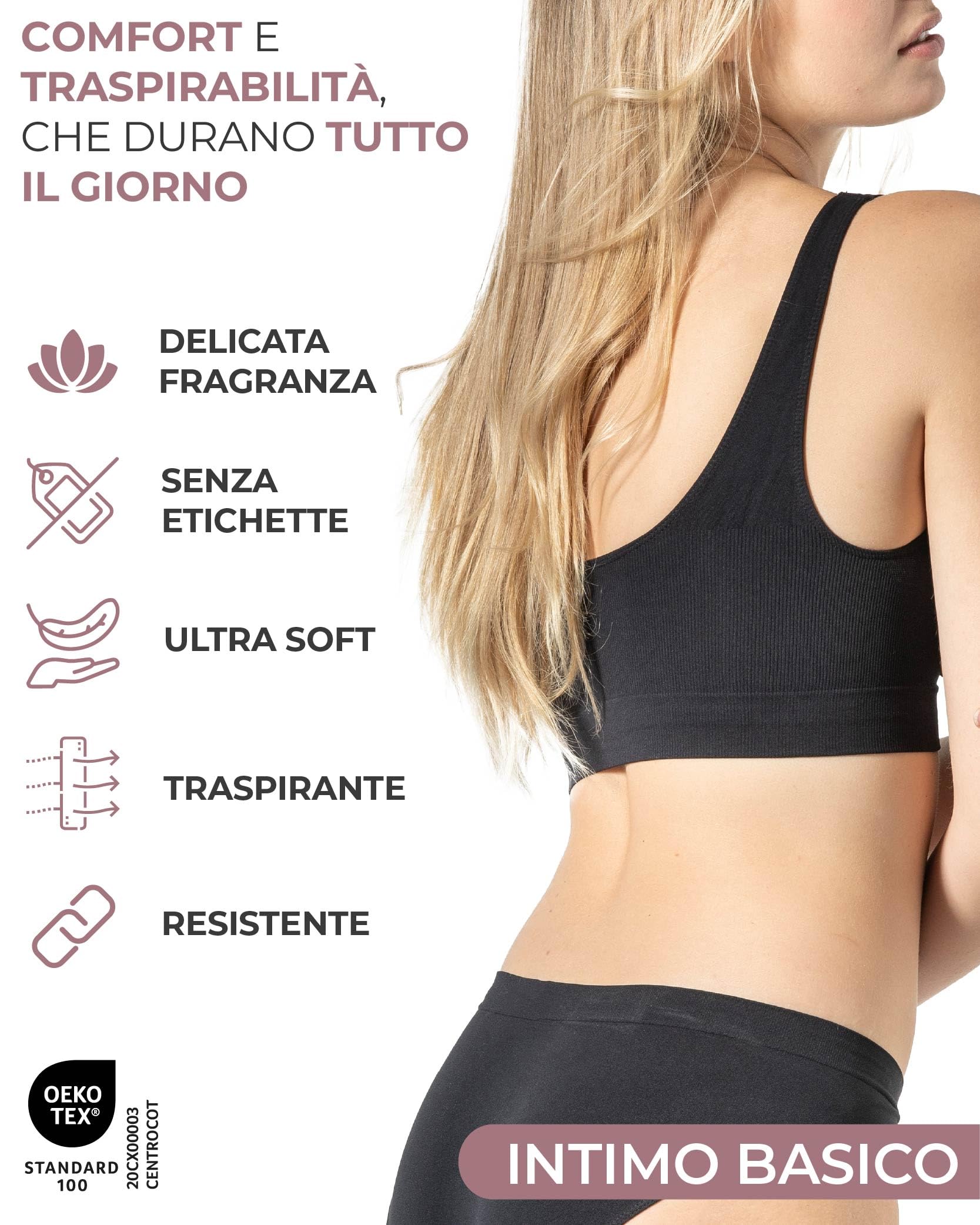 Risalti Reggiseno Senza Ferretto Spalla Larga 3 pz - Bralette Donna Senza Cuciture ed Etichette, Reggiseno Donna in Microfibra Elasticizzata, Brassiere, Top Morbido, Intimo - Made in Italy