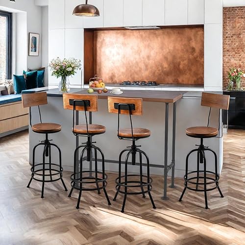 Miniatura 9 de LOKKHAN Taburete de bar industrial de 26 a 32 pulgadas, ajustable, giratorio, de madera, metal, taburete de cocina, rústico, altura de bar, extra