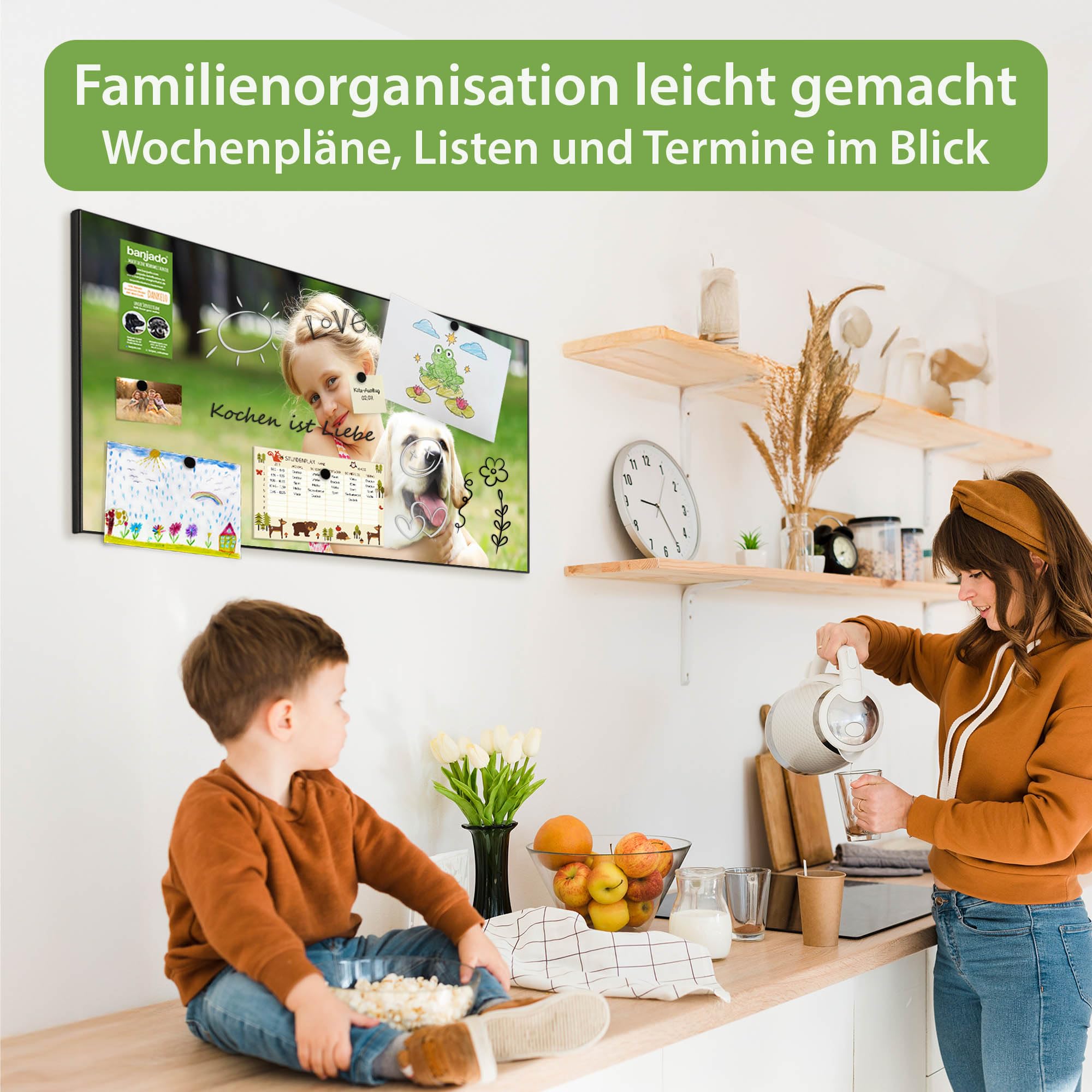 banjado Magnettafel Metall 78 x 37cm - beschreibbare Magnettafel - Metall Pinnwand als Memoboard - Magnetwand Küche, Büro, Kinderzimmer Schwarz inkl. 4 Magnete & Montageset - Motiv Wunschmotiv
