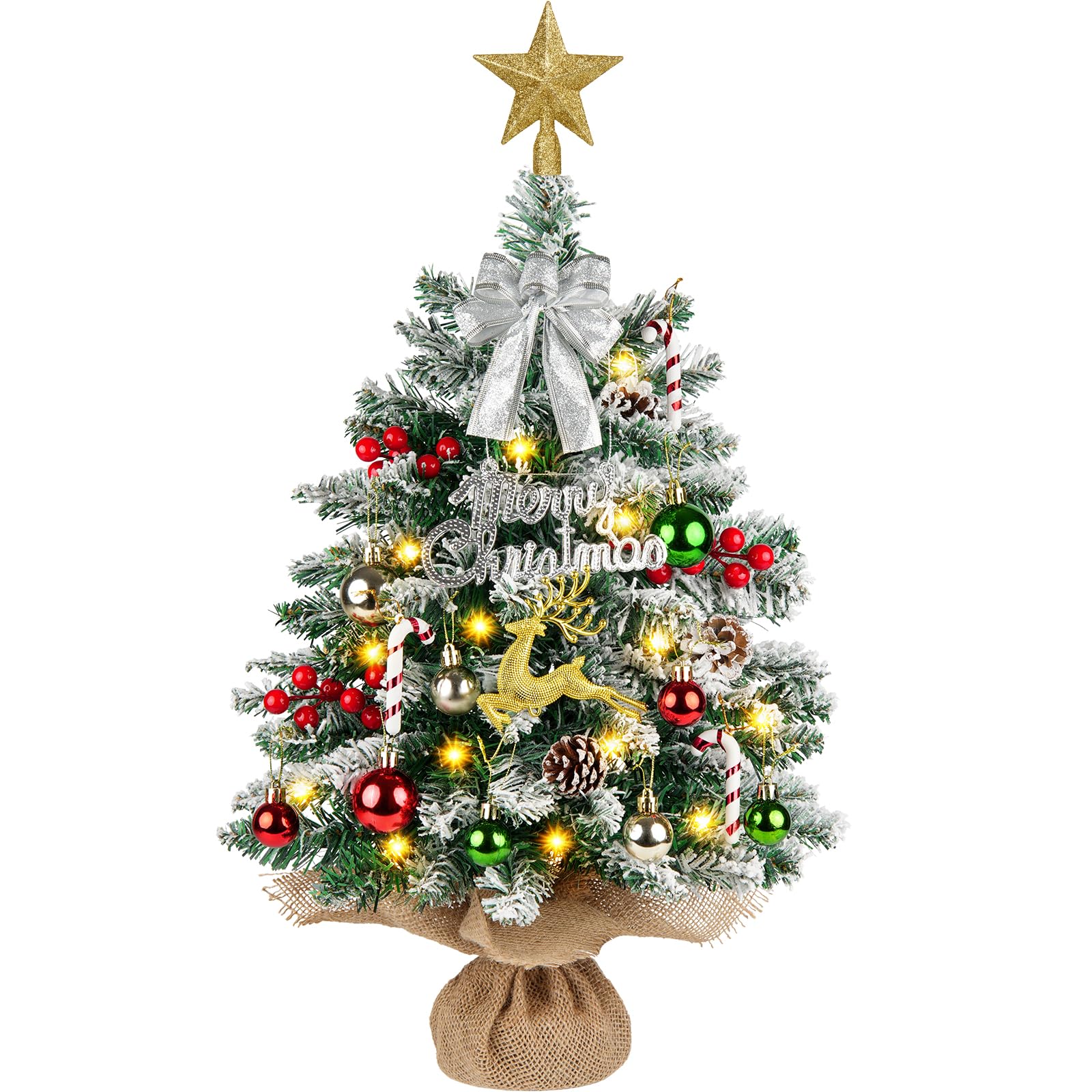 Mini sapin de Noël artificiel avec 40 lumières - 61 cm / 61 cm - Petit sapin de Noël artificiel avec décorations de Noël pour cheminée, cheminée - Décorations de Noël