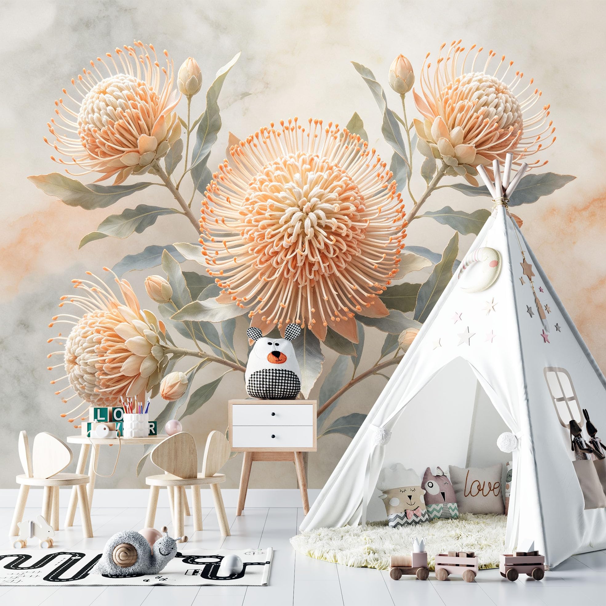 Fototapeten Aquarell Protea Banksia Floral Wandbild Foto Tapete Nicht Gewebte 350 x 260 cm 3D Tapete Moderne Wandkunst für Wohnzimmer Schlafzimmer Heimdekoration Hintergrund