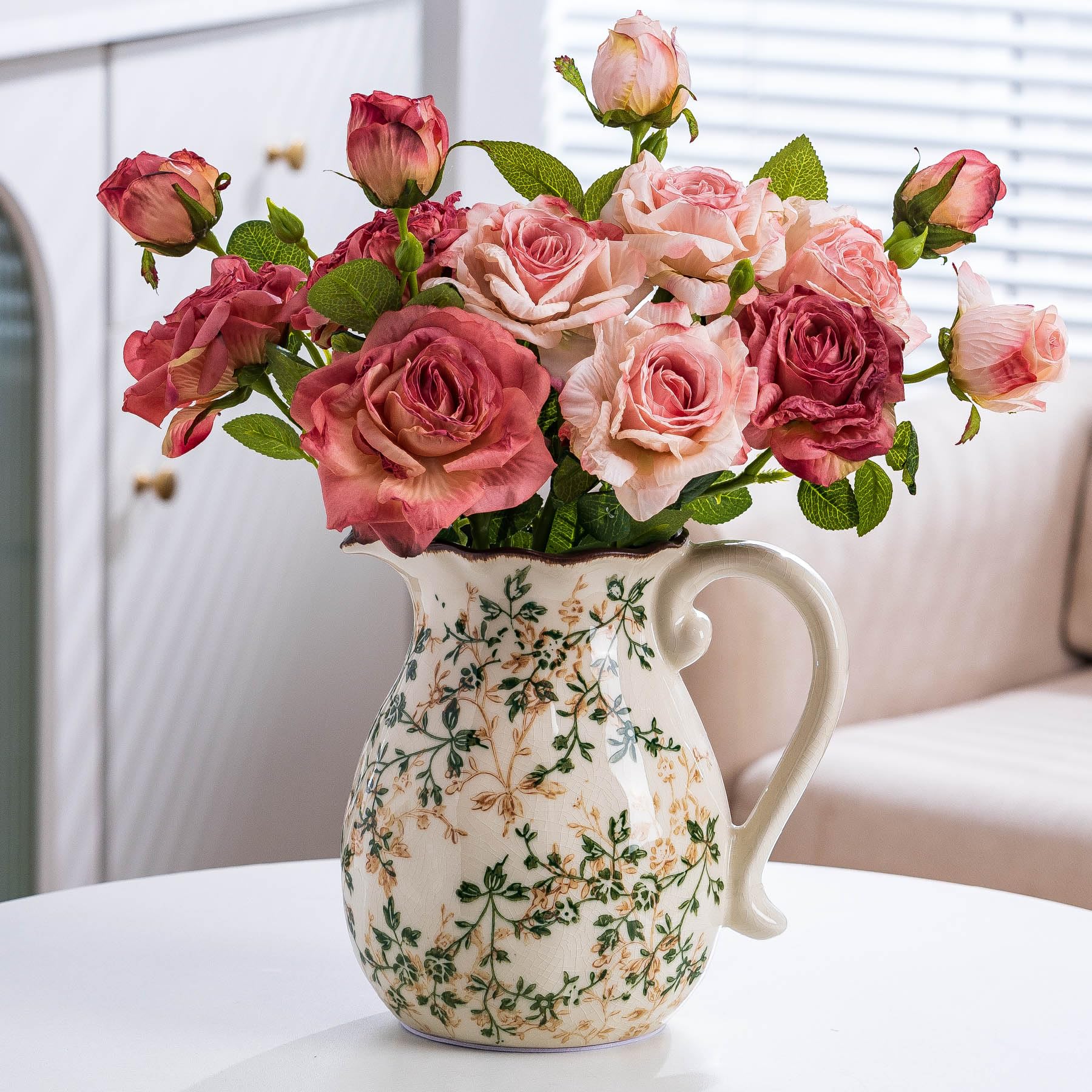 Green and White Vintage Vase with Handle, Chinoiserie Floral Pitcher Vase, Rustic Ceramic Farmhouse Vases for Home Decor, Living Room, Bookshelf, Office, Grand Millennial Decor, Tuscan Decor 7.9 Inch