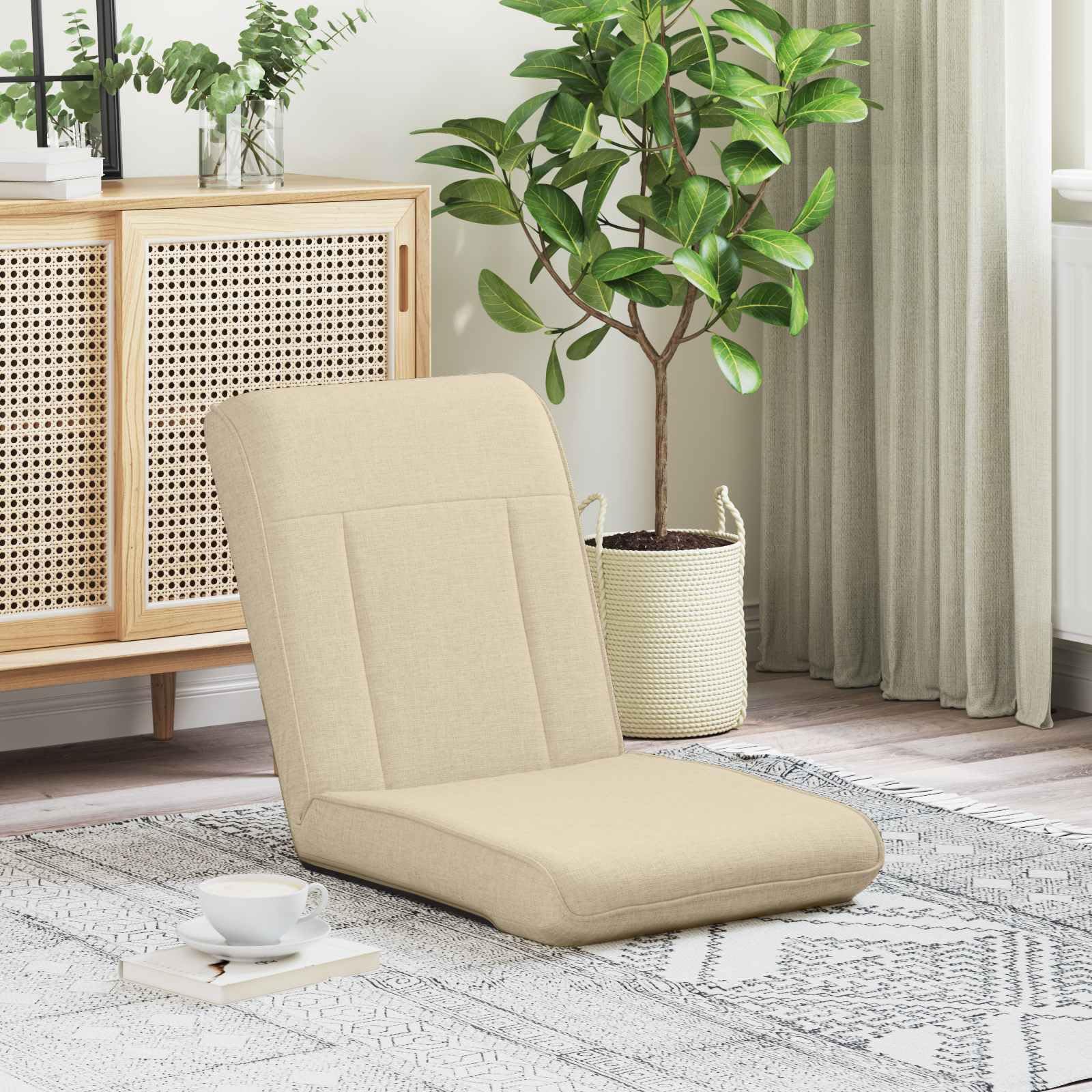 Krzesło podłogowe, kremowe, 50 x 73 x 60 cm, z regulowanym oparciem, składane, wyściełane, ergonomiczne, do salonu, biura, jogi, czytania, gier i relaksu