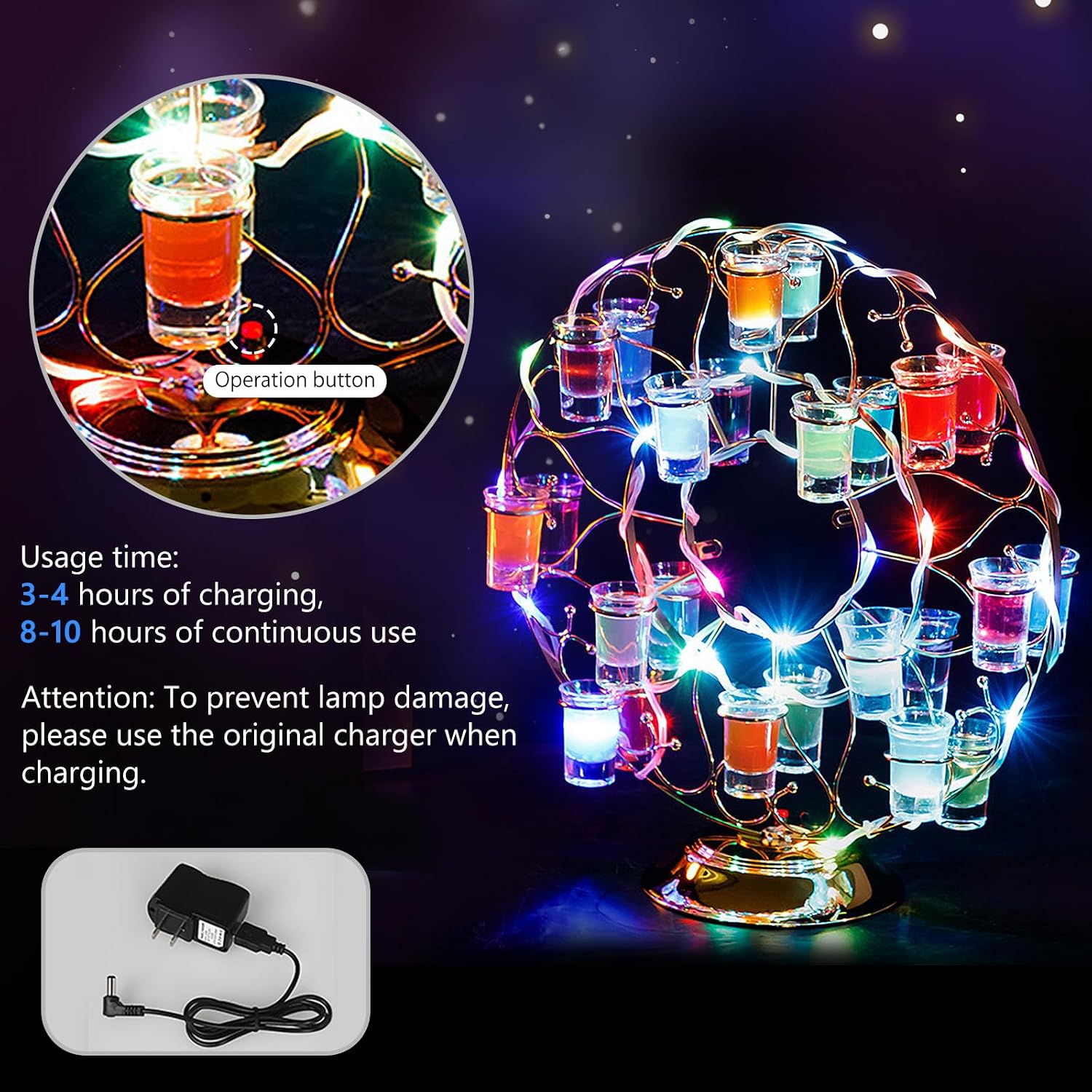 Champagne Wine Holder 7 Colorful LED Round Shaped Champagne Glass Holder with 24 Wine Glass Holes,LED Lighted Bar Liquor Shelf for Wedding Anniversary Graduation Housewarming Birthday
