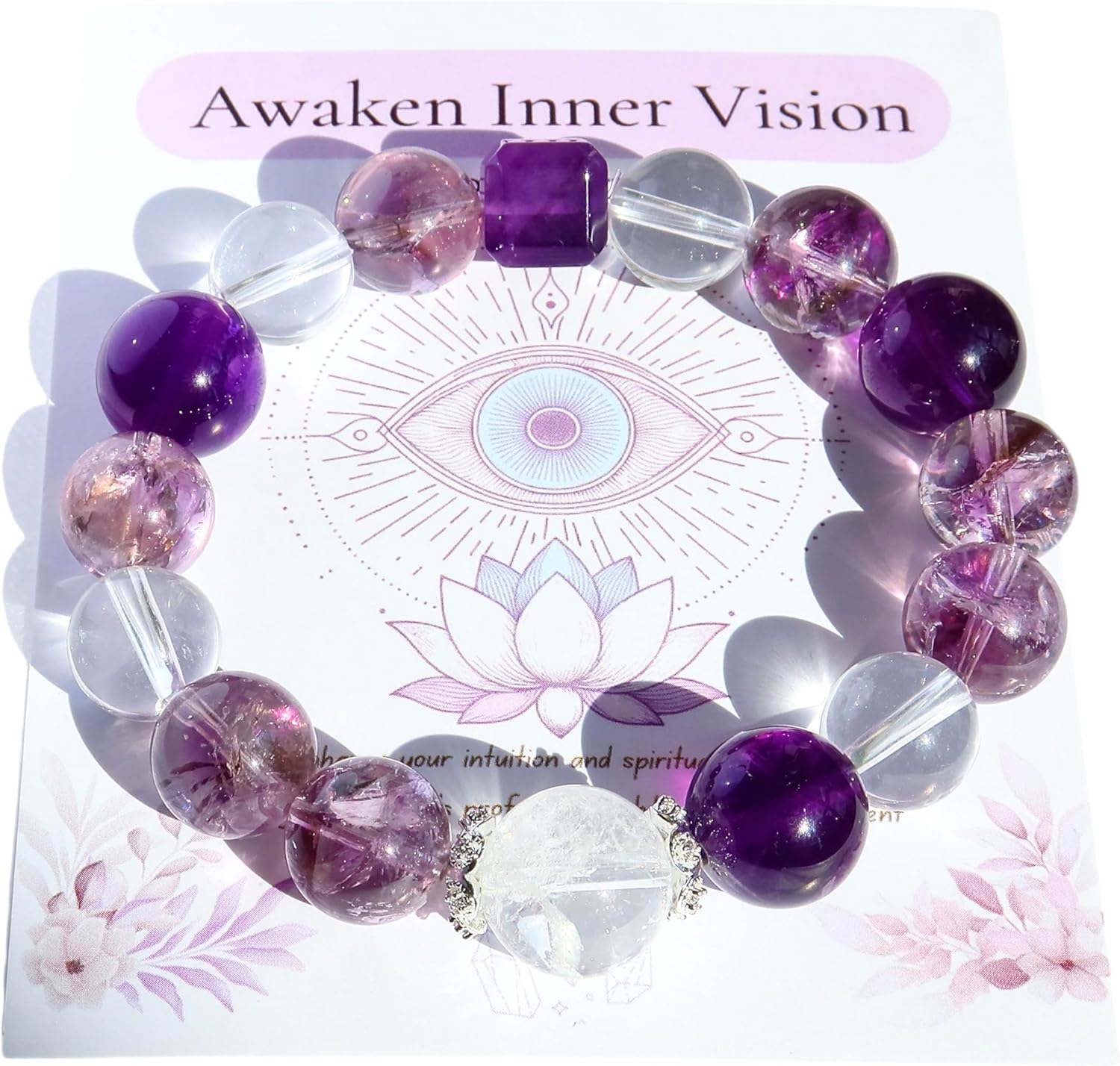 Natural Amethyst& Azeztulite Clear Crystal Beads Bracelet, 12mm Healing Crystals Jewelry Handmade Stretch Adjustable Bangle, Gift for Him Her