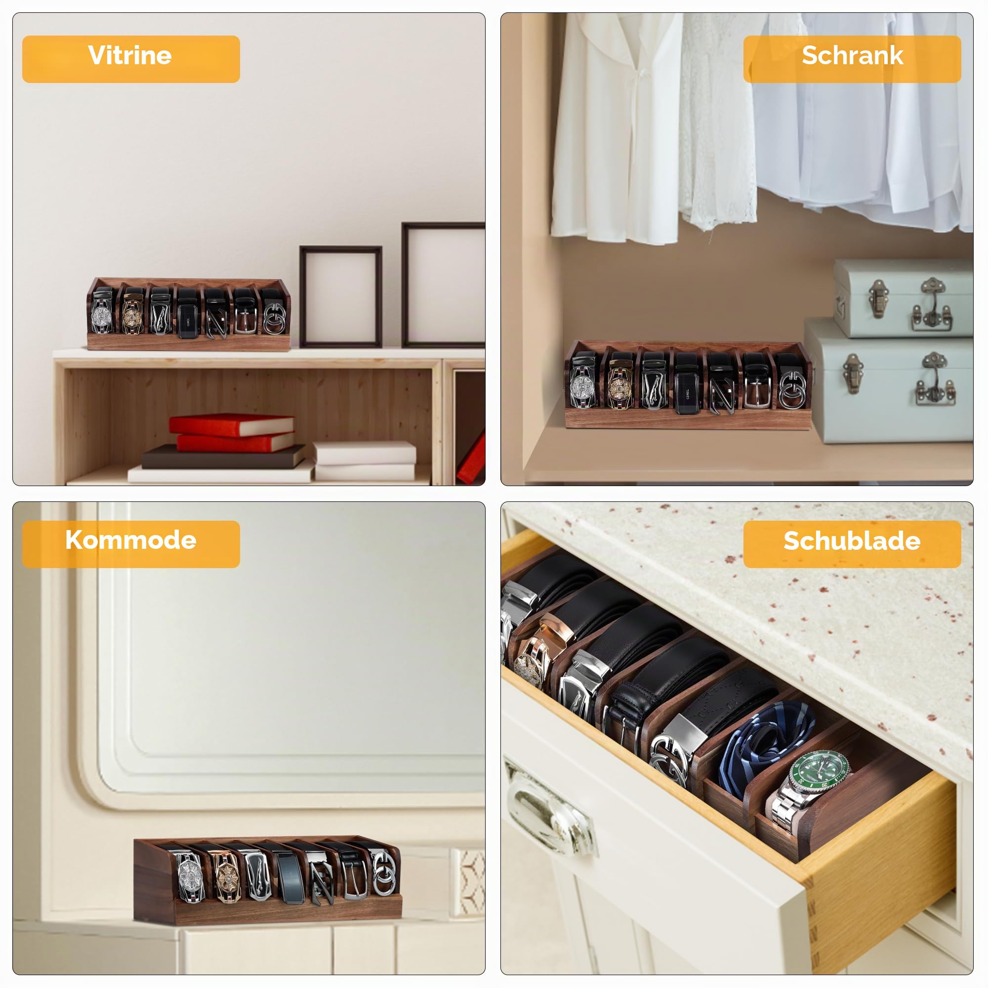 Gürtel-Organizer, 7 Fächer, Gürtelhalter, Gürtelaufhänger und Gürtel-Organizer für Schublade, Gürtelablage, Gürtelaufbewahrung, Gürtelaufhänger für Damen und Herren (Akazienholz)