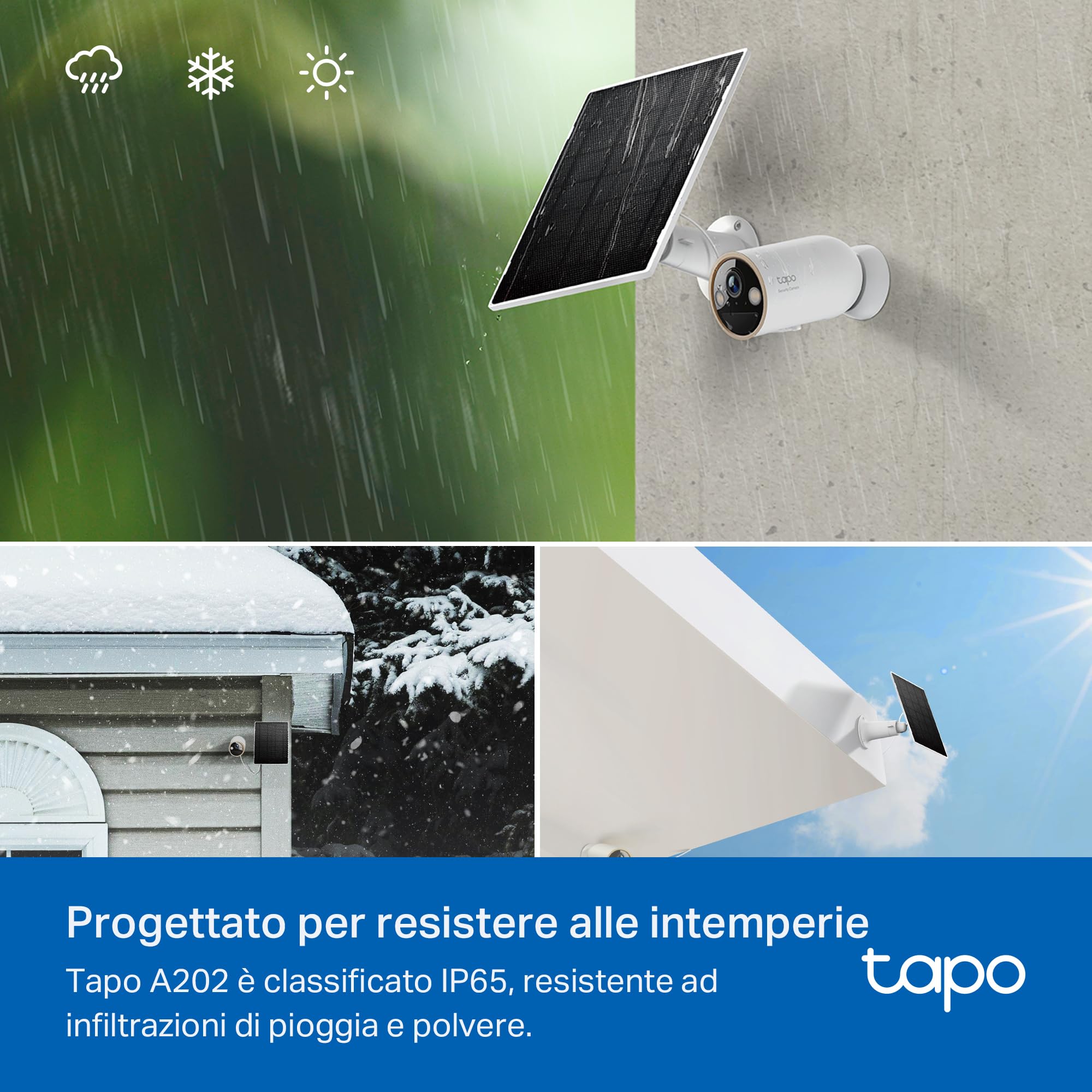 Tapo A202 Pannello Solare 4.5W, 5.2V, Adatto a Telecamera Tapo a Batteria, Installazione Flessibile, Ricarica ad Alta Efficienza, IP65, Regolabile a 360°, Cavo di Ricarica di 4m