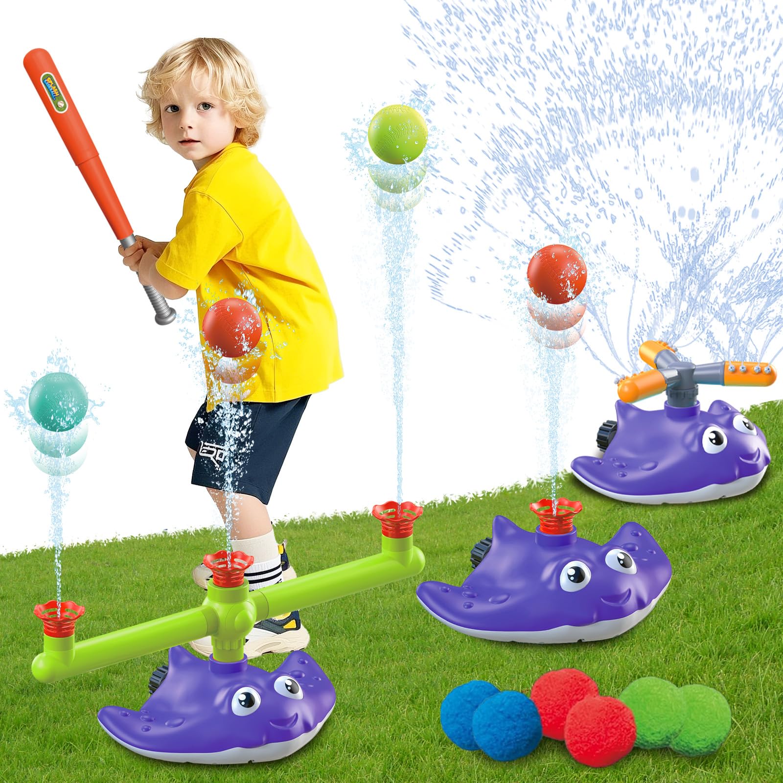 Water Sprinkler Baseball Toy for Kids Yard Outdoor Play,Summer Water Game with 360° Roating Spray Sprinkler Toy for Summer Outside Backyard Fun Garden Lawn Toddlers for Boys Girls Dogs Pets