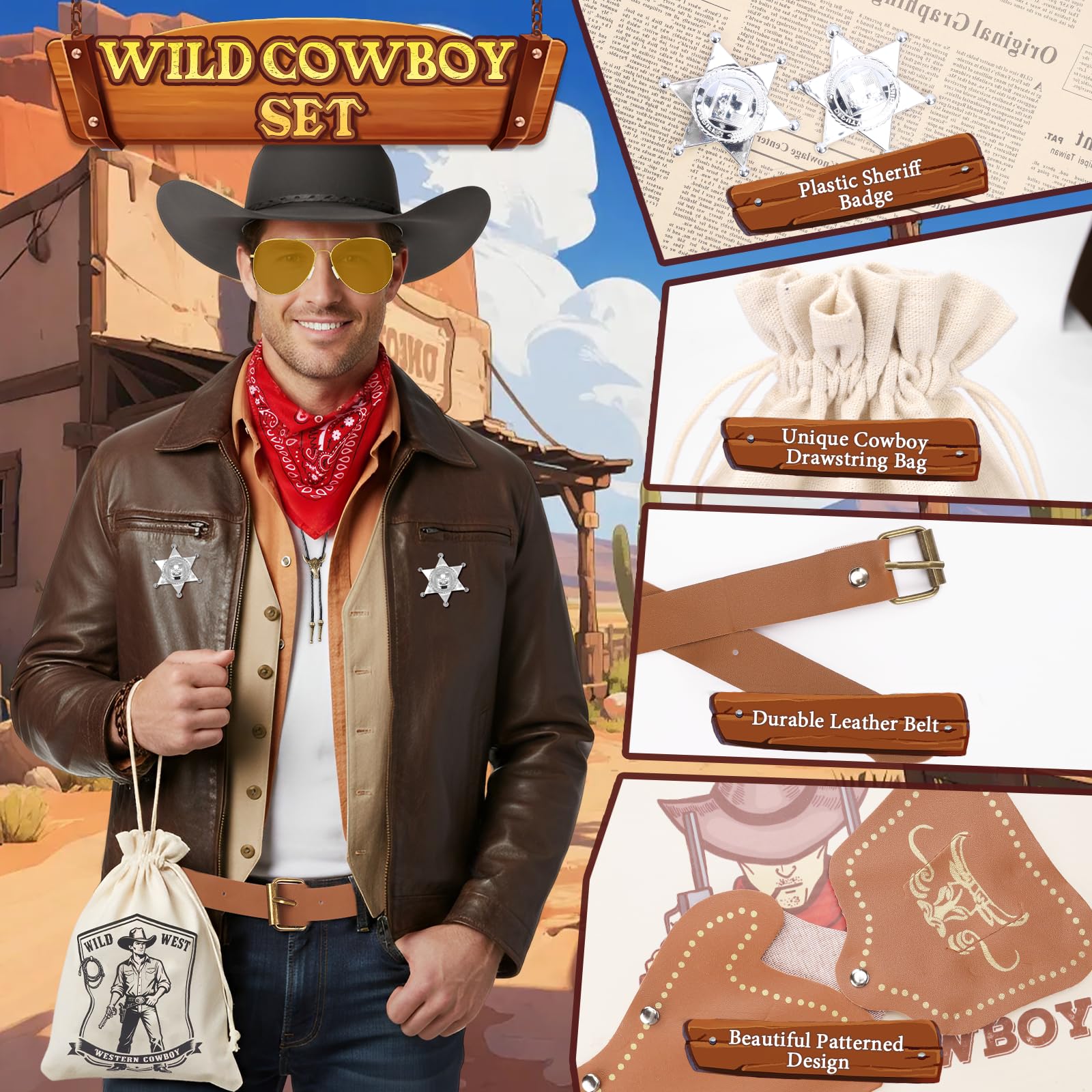 9Pcs Cowboy Costume Accessories, Wild West Cowboy Fancy Dress with Necklace Holster Sunglasses Inflatable Prop Holster Bag Sheriff Badges Belt Western Outfit Kits for Women Men Cosplay Hen Do Party - Image 4
