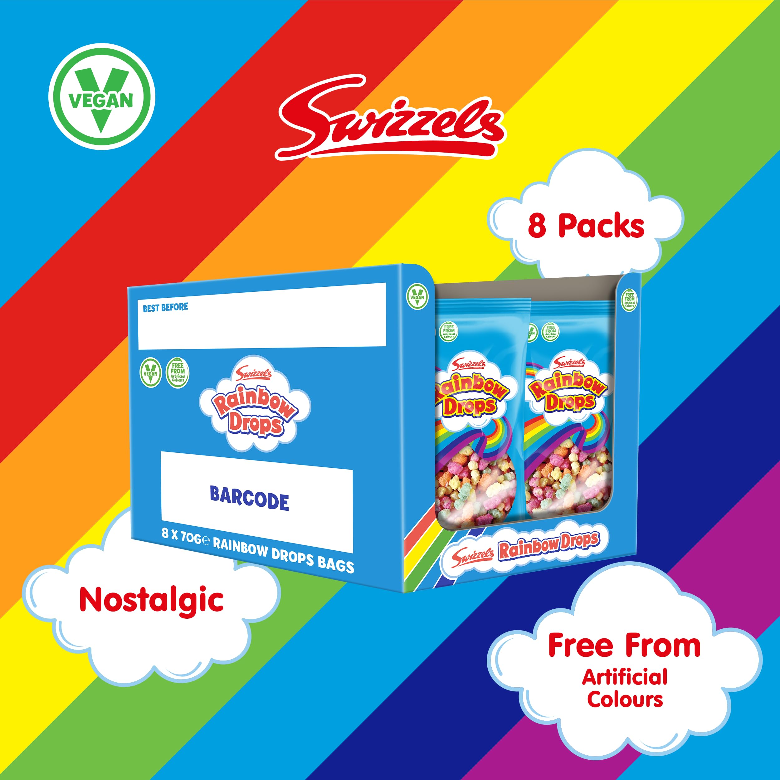 Swizzels Giant Rainbow Drops Sweets, 8 x 70g Sweet Bags, Vegan Friendly | Family