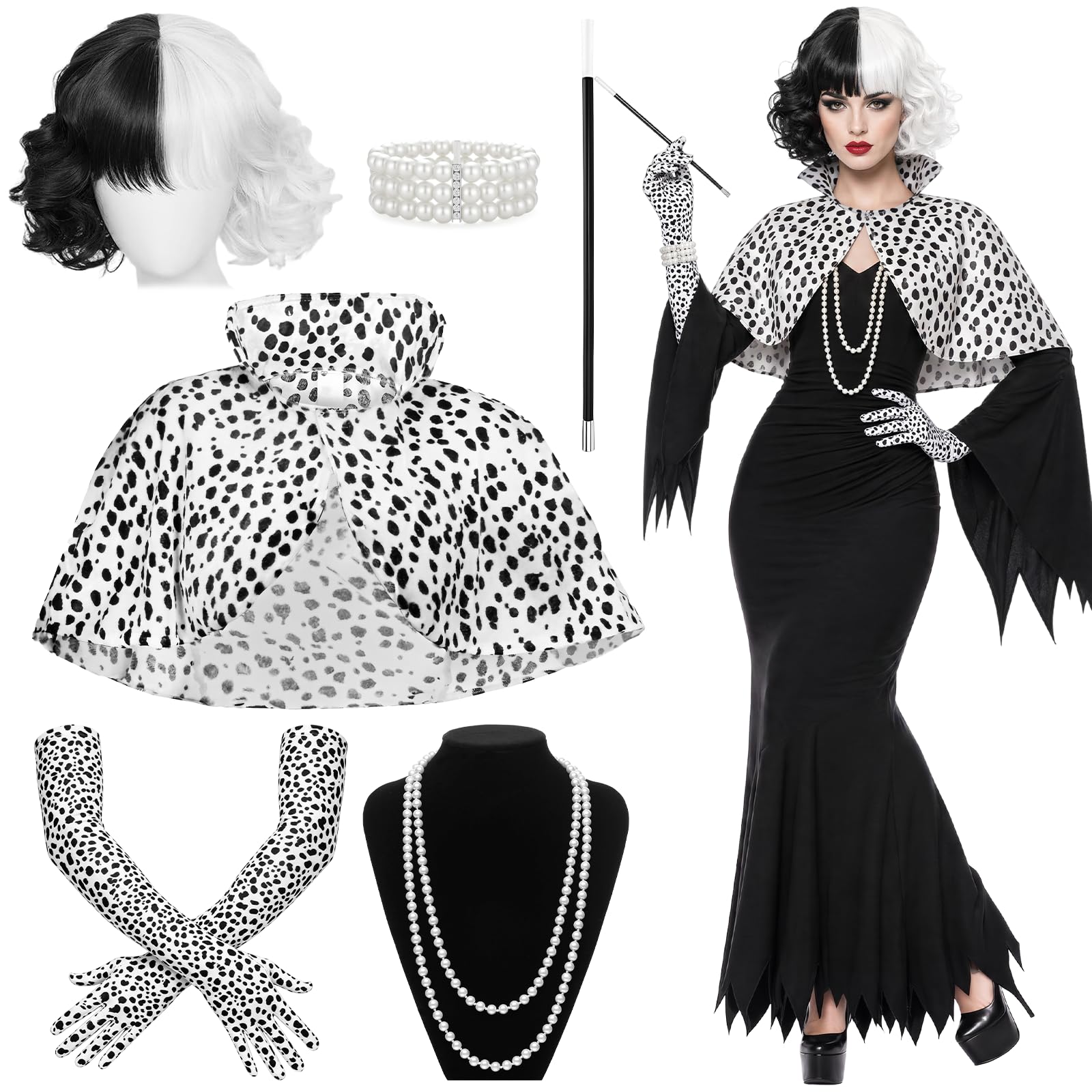 Vervora 6 Pcs Cruella Costume Accessories Set for Women, Villain Fancy Dress Kit with Black White Wig Dalmatian Spotted Cape Gloves Faux Pearl Jewellery Hand Prop for Halloween World Book Day