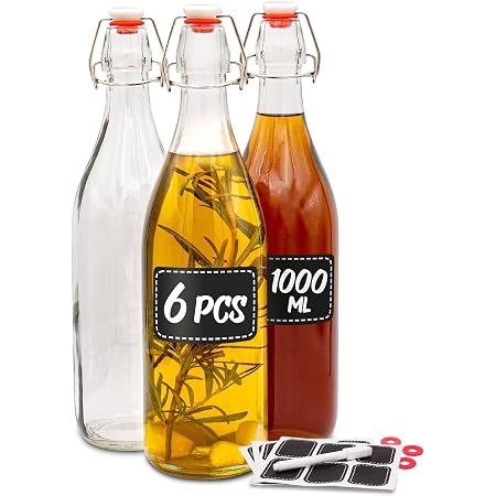 Casavetro Lot De 6 Bouteilles En Verre 1000 Ml Avec Bouchon Swing-Top - Réutilisables Et Étanchés Pour Boissons Maison, Jus, Vinaigre, Gin, Kombucha
