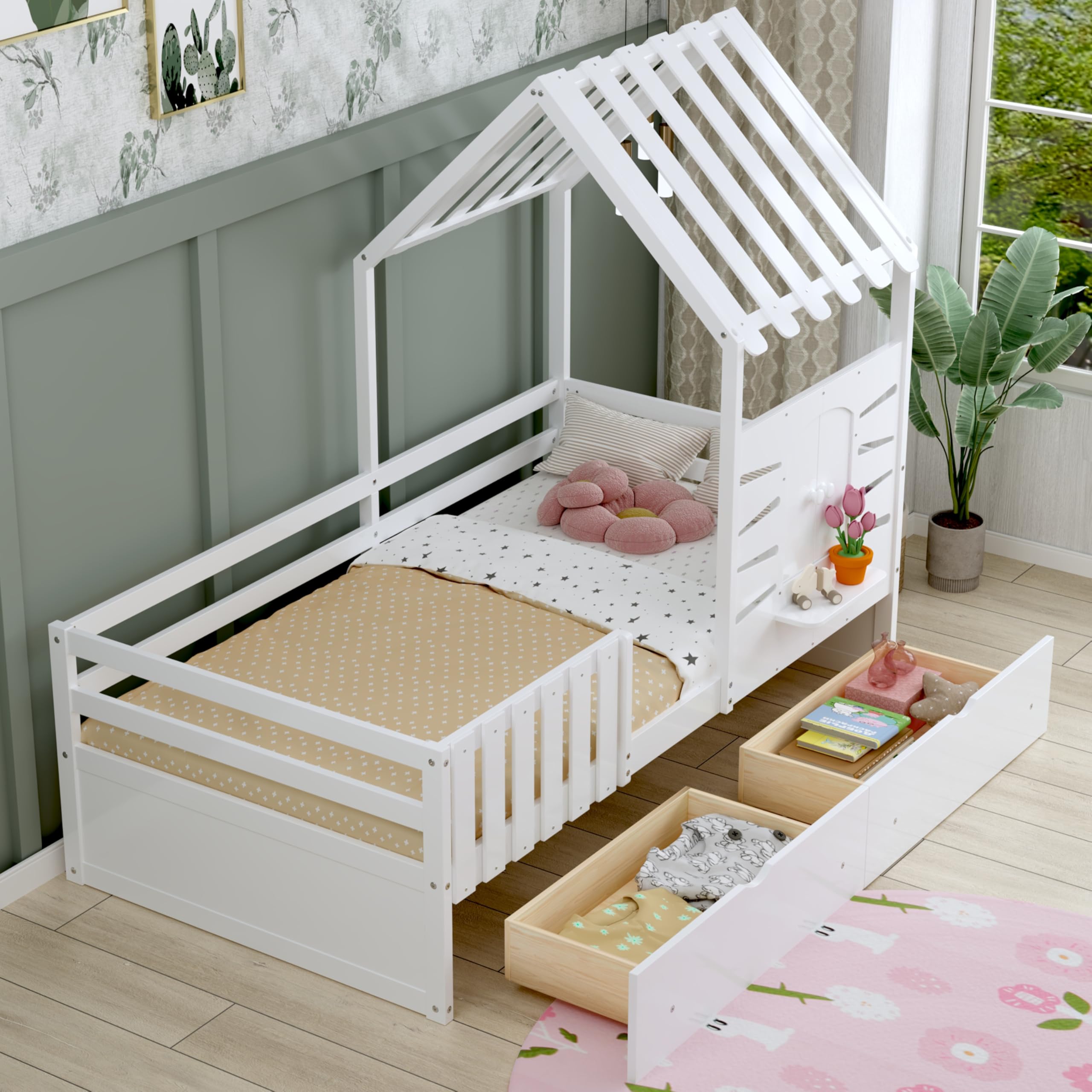 P PURLOVE Twin Size House Bed with 2 Storage Drawers,Wood Playhouse Bed with Roof and Window,Twin Bed with Guardrails for Girls,Boy,Teens