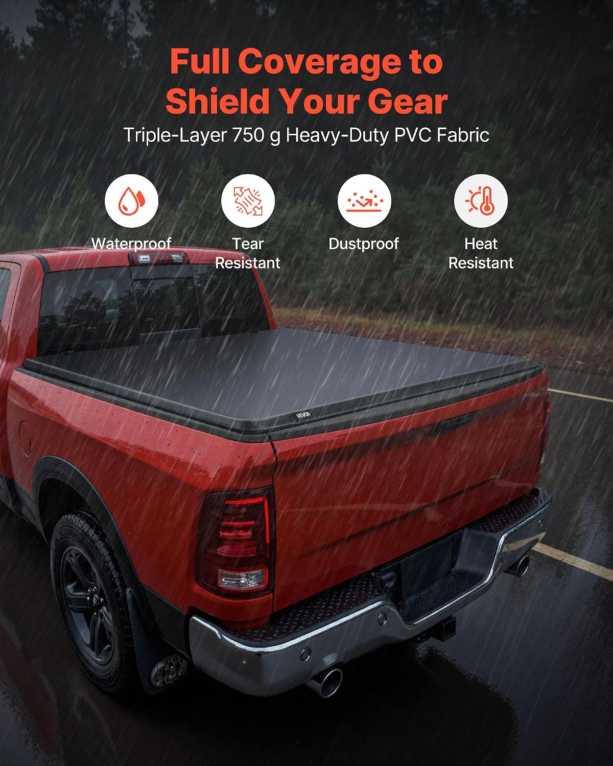 VEVOR Soft Roll-Up Truck Bed Tonneau Cover, Compatible with 2019-2024 Dodge Ram 1500 Classic, 2003-2025 Ram 2500 3500, Fits 6.4 ft (6 ft 4 in/76 in) Bed, PVC Tonneau Cover with Aluminum Alloy Bars