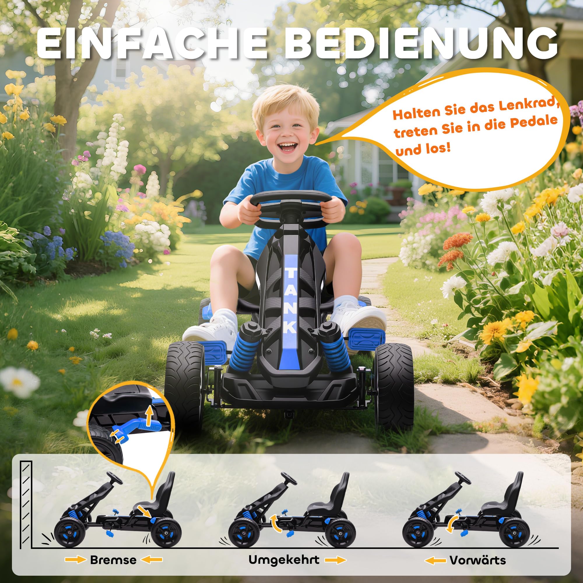 AIYAPLAY Gokart Tretauto mit Handbremse, Automatisches Kupplungssystem, Vor- und Rückwärtsgang, Tretfahrzeug mit rutschfest Eva-Räder Kinderfahrzeug Pedal-Gokart für Kinder 3-6 Jahren Blau