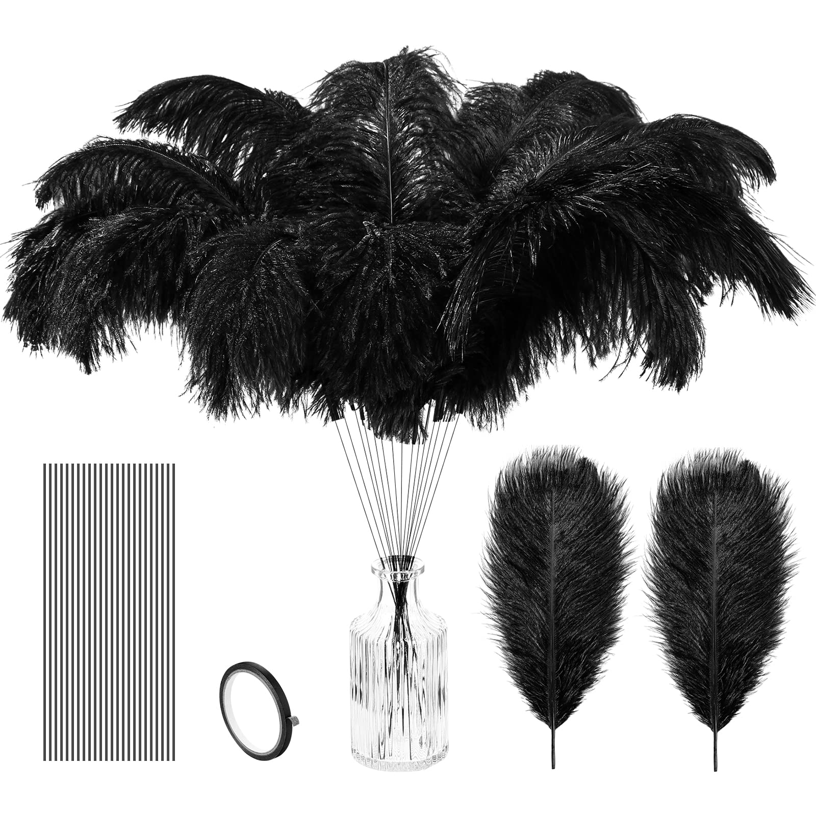 Hanaive 150 Pcs Ostrich Feathers Set Bulk Plumes 12-14 Inch (30-35cm) 70 Pcs Large Ostrich Feathers with 80 Sticks and Tape for DIY Crafts Wedding Home Party Centerpiece Decorations(Black)
