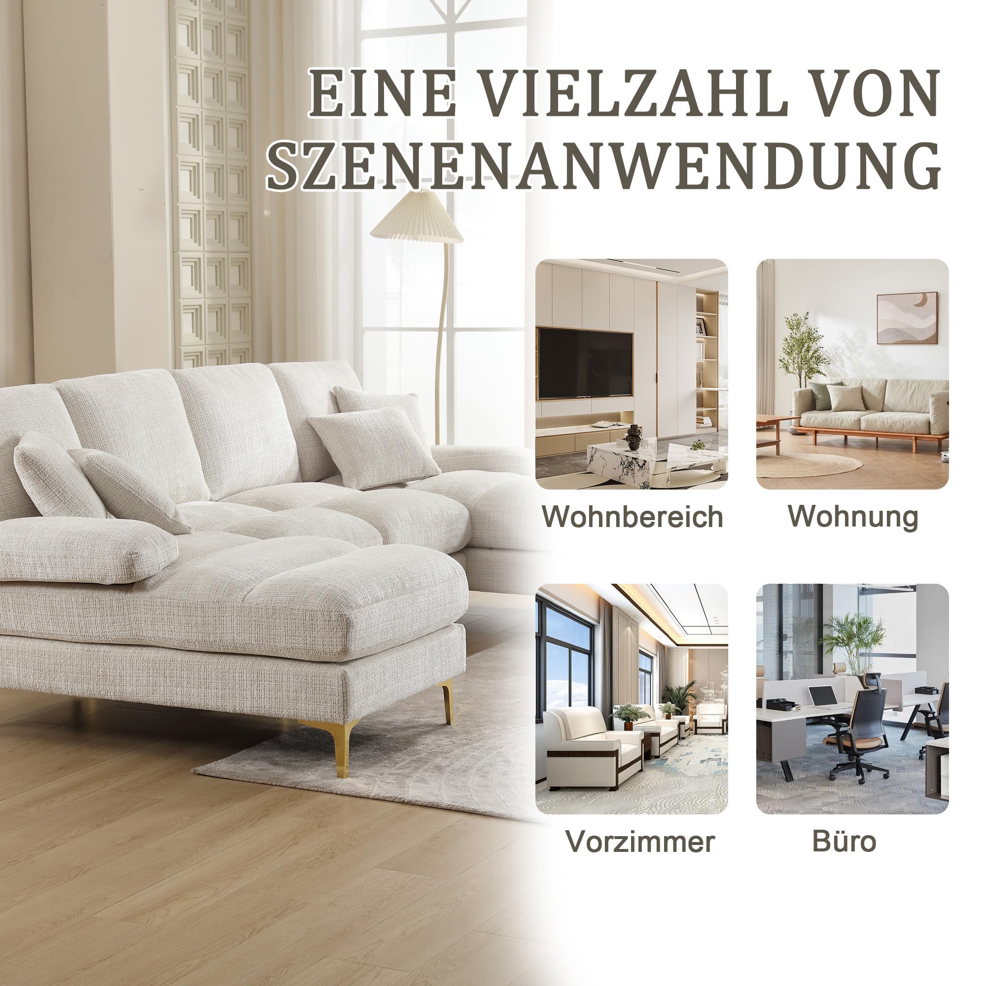 Lubvtti Sofá Moderno Grande de Chenilla en Forma de U con Asientos Dobles reclinables, sofá de Esquina, sofá 4 plazas para Sala de Estar/Dormitorio, Beige