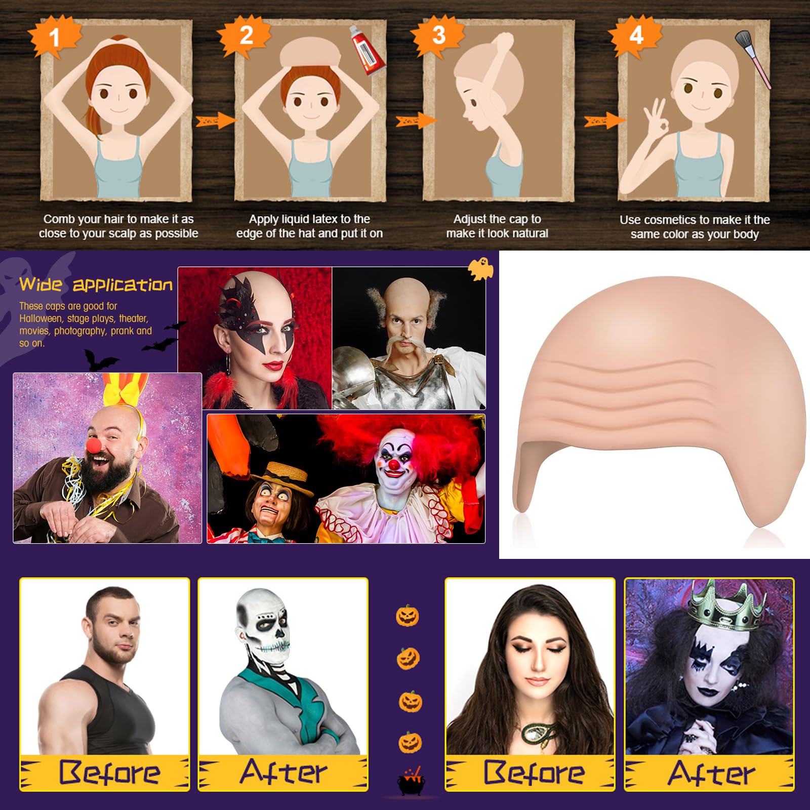 Eowppue 2 Pcs Realistic Bald Head Halloween Costume Set, Latex Caps for Adults Men, and Women - Image 3
