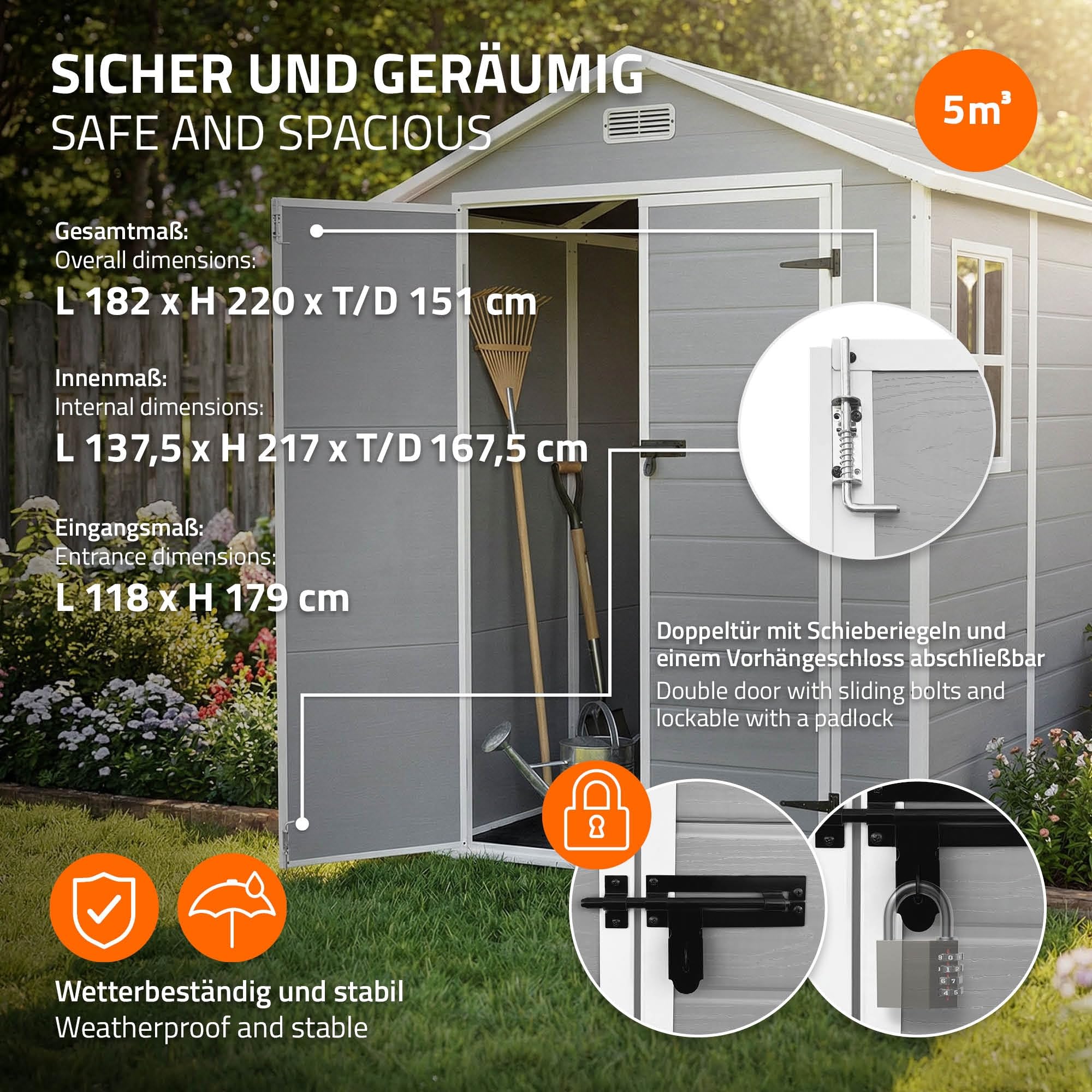 ECD Germany Caseta de Jardín con Suelo, 5m³ 151x182x220 cm Gris Claro, Cobertizo Exterior de Plástico para Almacenamiento de Herramientas, con Tejado en Dos Aguas, Puerta y Ventana de Ventilación - 4