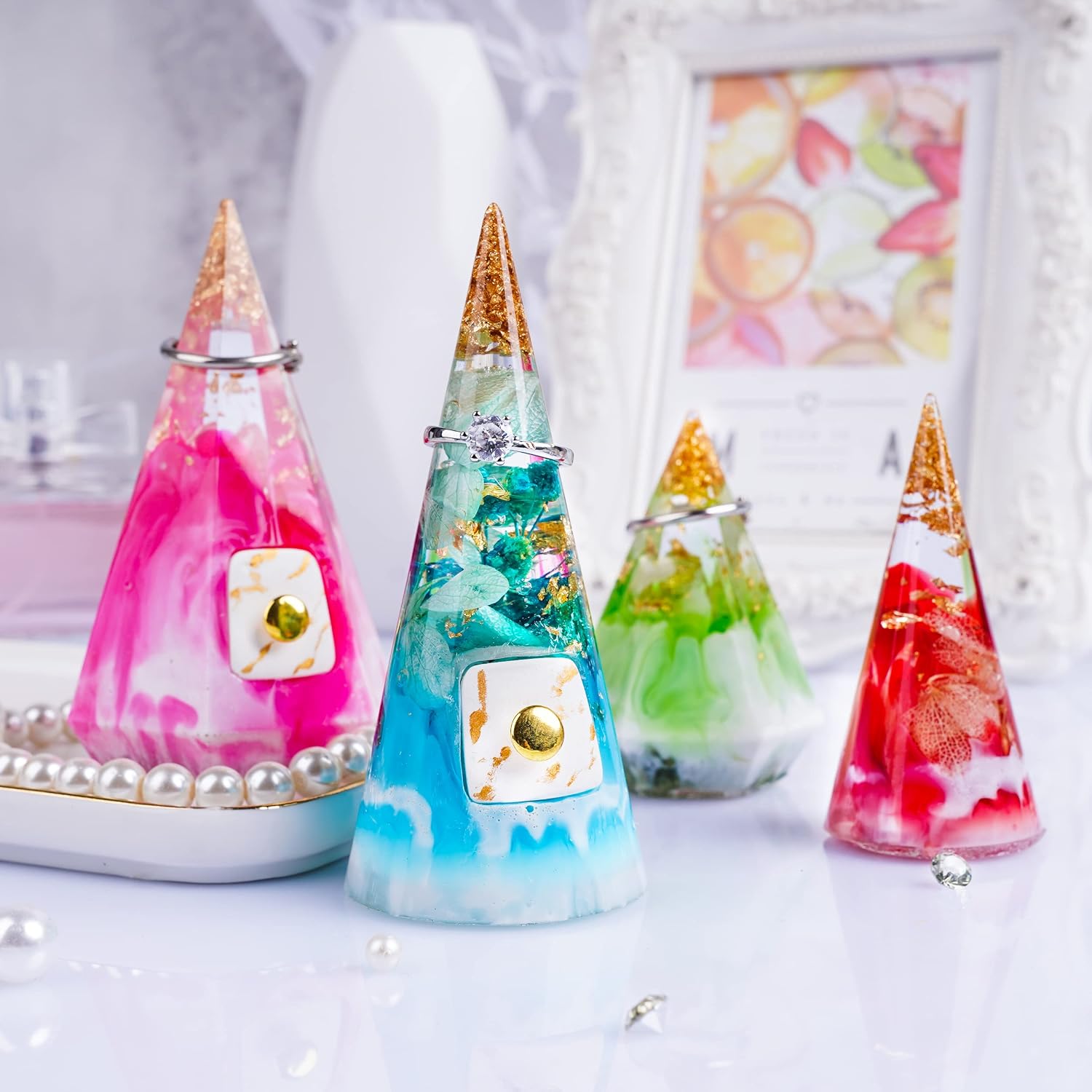 LET'S RESIN Cone Silicone Molds, 4 Pcs Holder for Epoxy Resin, Pyramid Molds for DIY Ring Stand, Jewelry Display, Wedding Gift