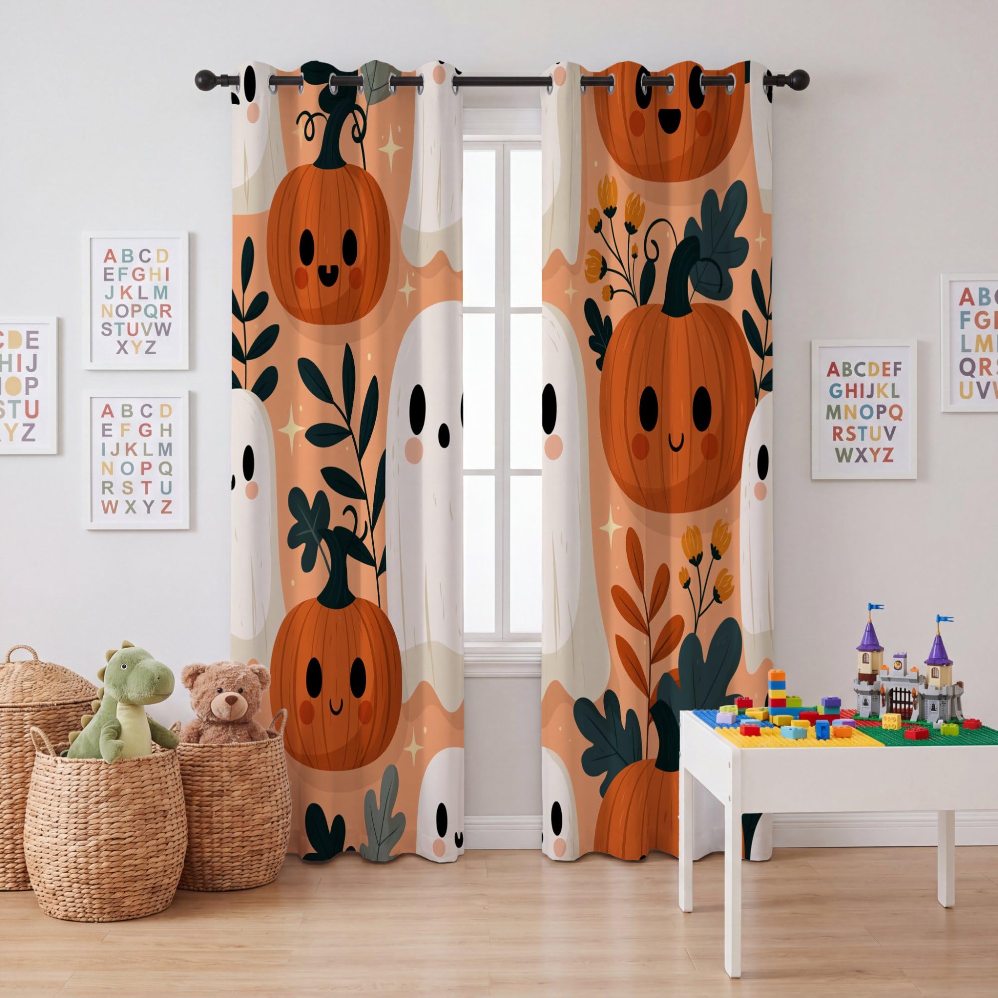 Cortinas opacas estampadas, dibujos animados de Halloween, 66 pulgadas de