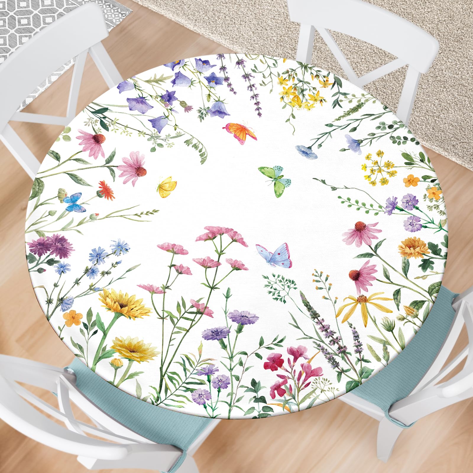 Kamoor Spring Summer Round Fitted Tablecloth with Elastic Edge Watercolor Floral Outdoor Tablecloth Waterproof Table Cover for Picnic Dinner Party