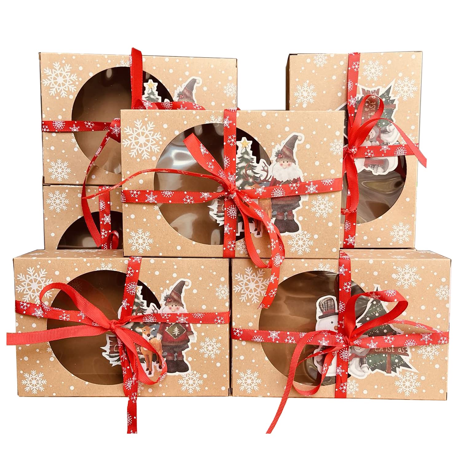 Atpxdk 12 Packs Christmas Cookie Boxes with Window, Food Grade Kraft Bakery Treat Boxes with Oilpaper and Ribbons, Cupcake Boxes for Holiday Gift Giving, Christmas Food Containers Party Favors (24)