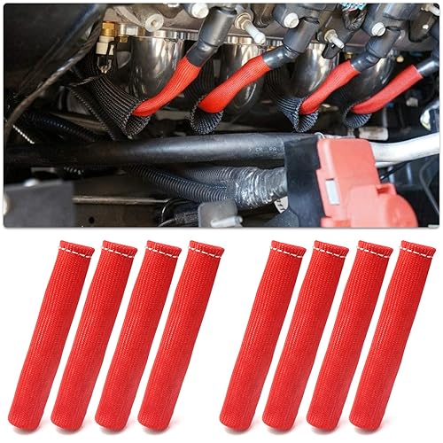 Miniatura 4 de LEDAUT Protector de calor rojo para bujías de 8 ciclos y 12 piezas separador de cables de bujía de motor, manga aislante, protector de alambre de
