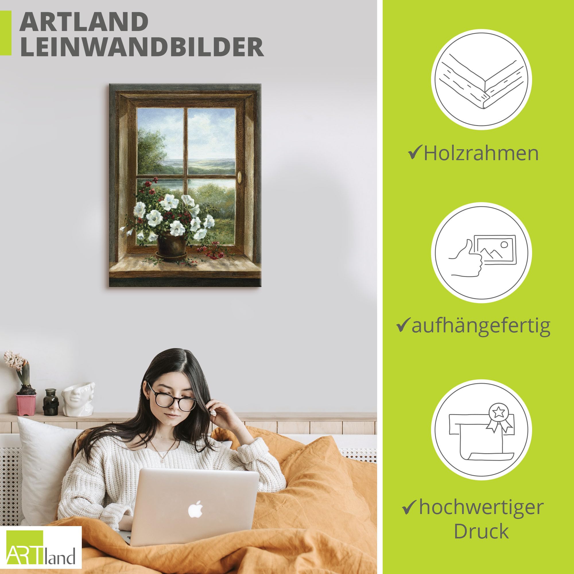 ARTLAND Wanddeko Leinwand Bilder Wandbild 60x80 cm Fensterblick Blumen Fenster Landschaft Natur Stillleben Botanik Kunst T5ZB