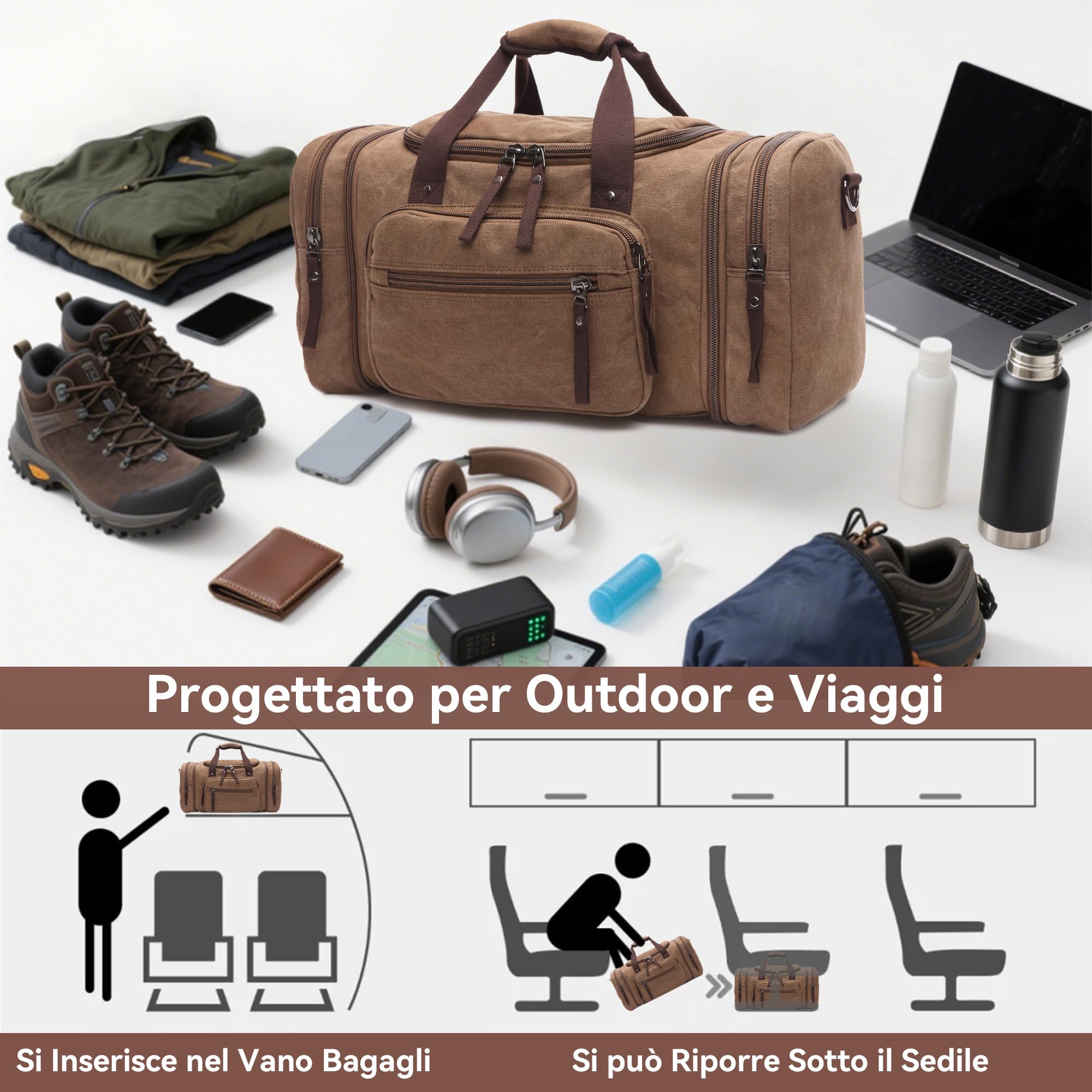 Moda Espandibili Borsone da Viaggio Uomo 40L Grande Borsone Palestra con Tracolla Molteplici Tasche pour Vacanza All'aperto Campeggio Uomo Tela Borsone da Sportiva Marrone