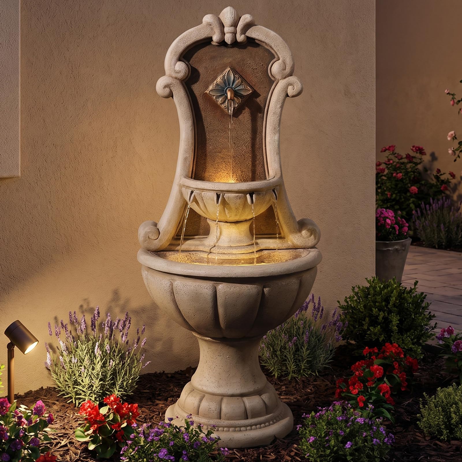 Bumilgar Outdoor Wall Fountain with LED Lights, 48.82” H Freestanding Garden Water Fountain Sandstone Curved Scroll Resin, Large Floor Standing Patio European Resin Flat Back Yard