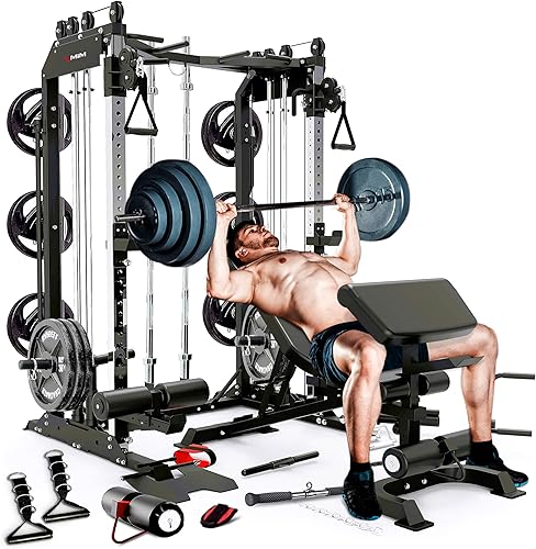 MiM USA Pro Master 1001 Smith Machine Entrenador funcional, máquina de gimnasio todo en uno con banco de pesas adicional, predicador Curl y
